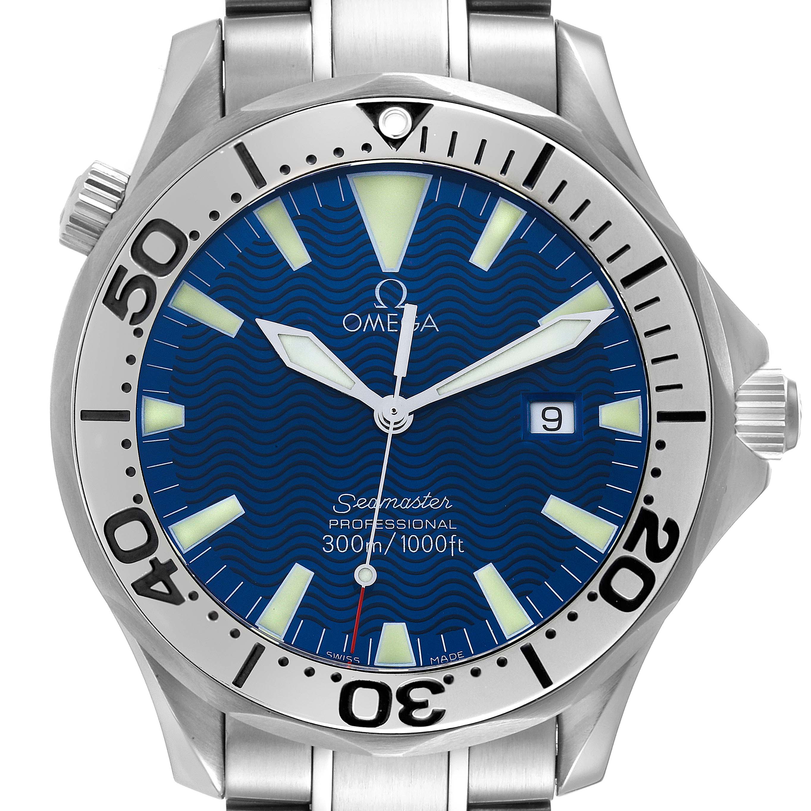 This image shows a front-facing view of an Omega Seamaster 2265.80.00 Men's Stainless Steel Blue Dial 2265.80.00 Men's Stainless Steel Blue Dial watch, highlighting its blue dial, date window, and stainless steel case and bracelet.