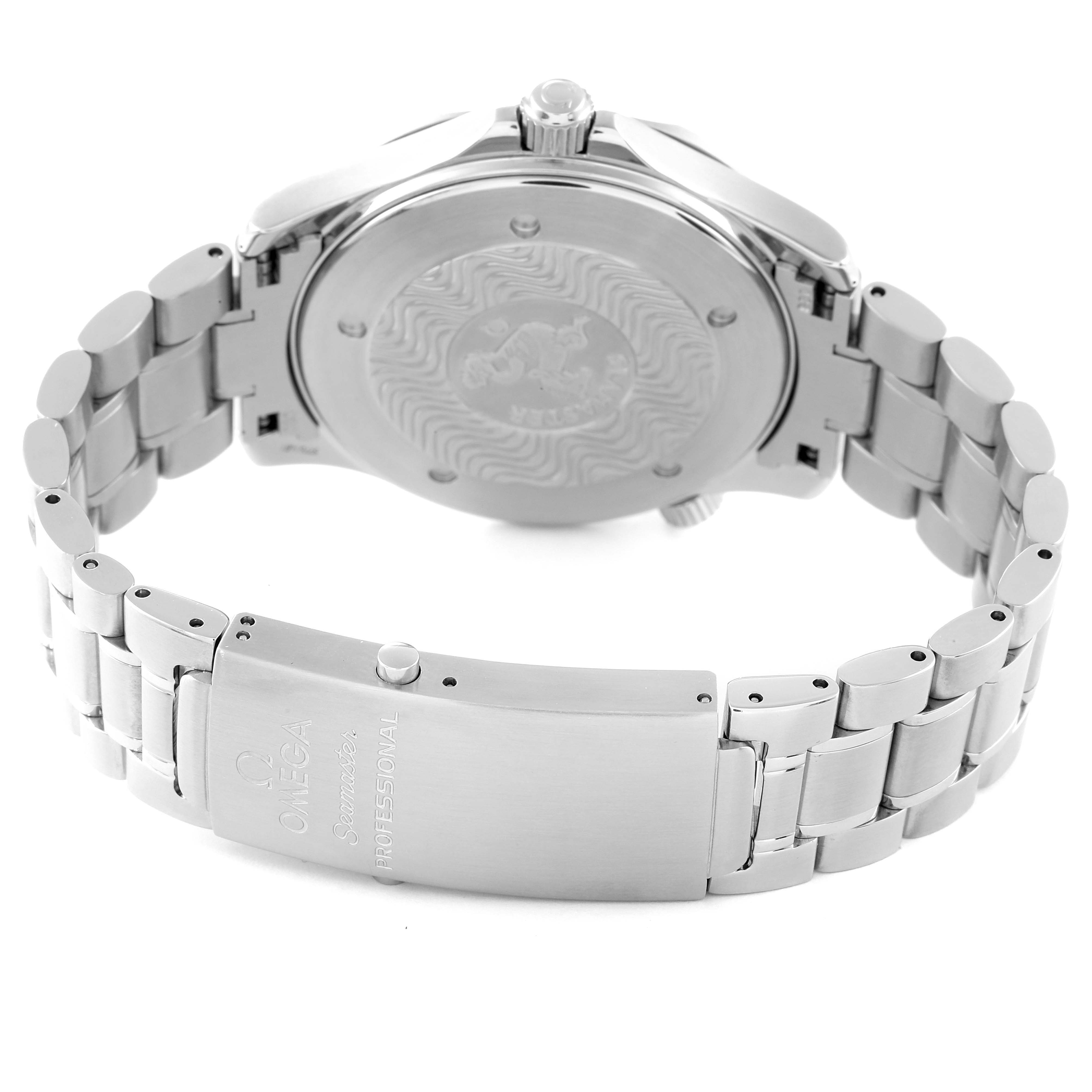 The image shows the back view of an Omega Seamaster 2265.80.00 Men's Stainless Steel Blue Dial 2265.80.00 Men's Stainless Steel Blue Dial watch, highlighting its case back and stainless steel bracelet with clasp.