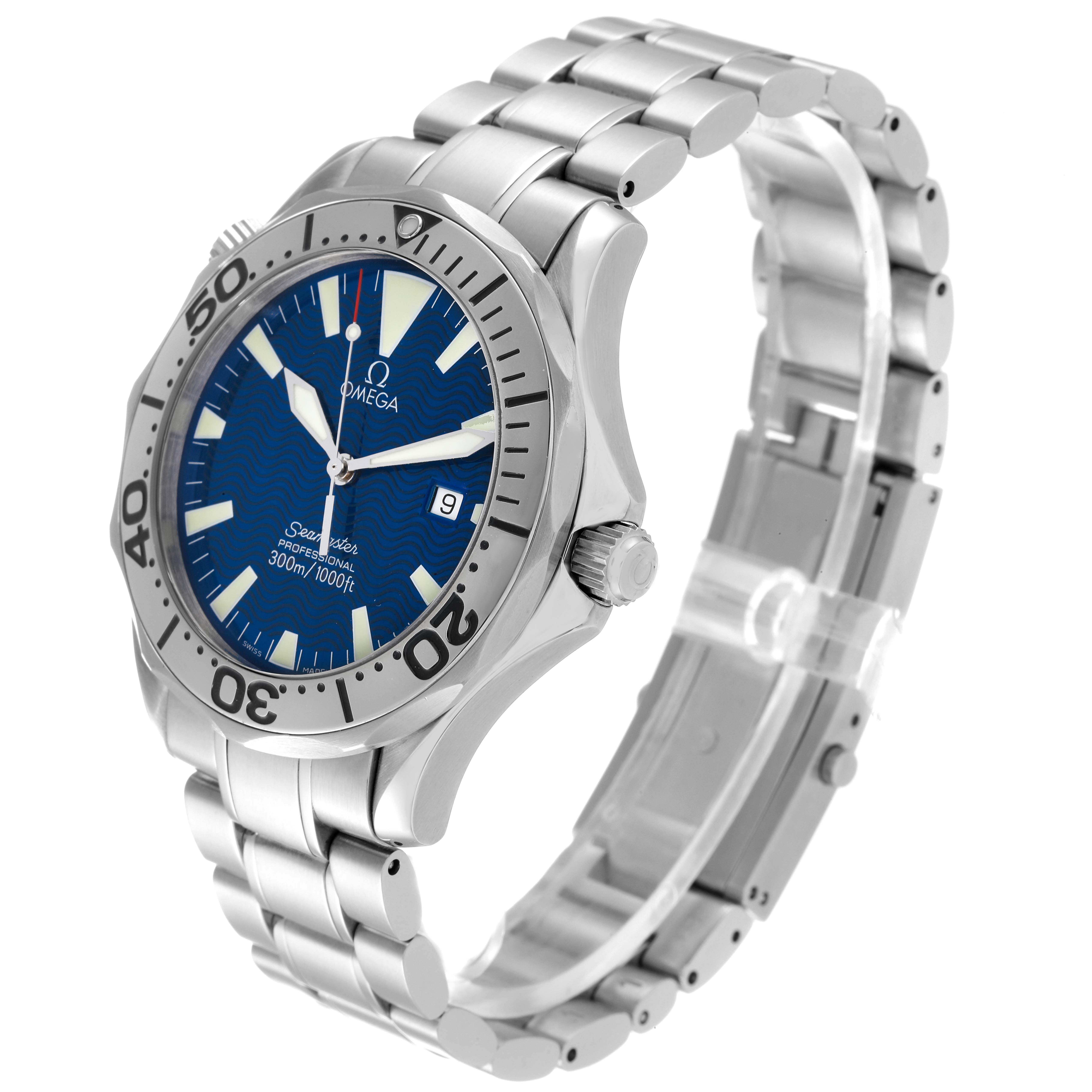 The Omega Seamaster 2265.80.00 Men's Stainless Steel Blue Dial 2265.80.00 Men's Stainless Steel Blue Dial watch is shown at an angle highlighting its face, bezel, crown, and stainless steel bracelet.