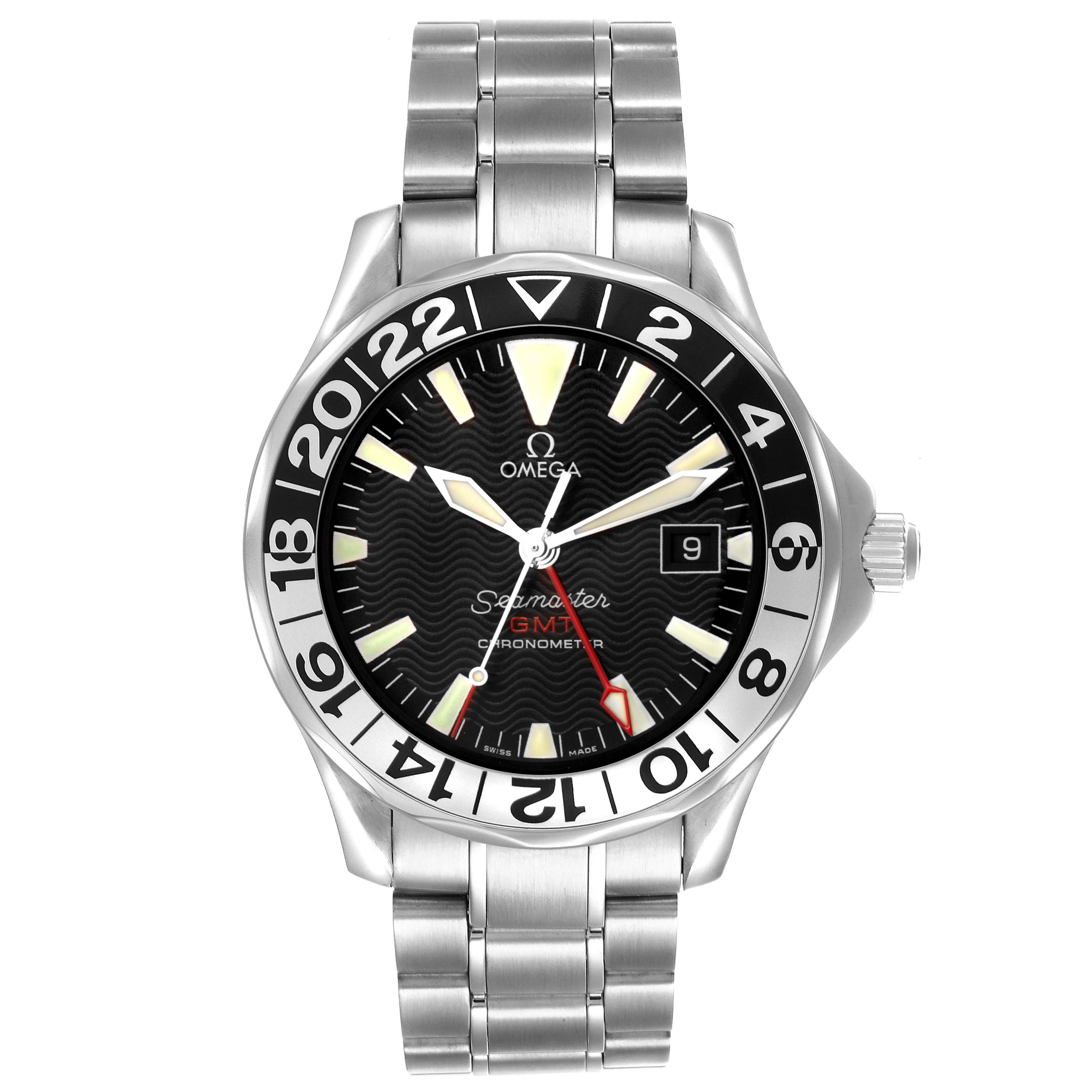 The Omega Seamaster 2234.50.00 Men's Stainless Steel Black Dial watch is shown from a front angle, displaying the dial, bezel, crown, and bracelet.