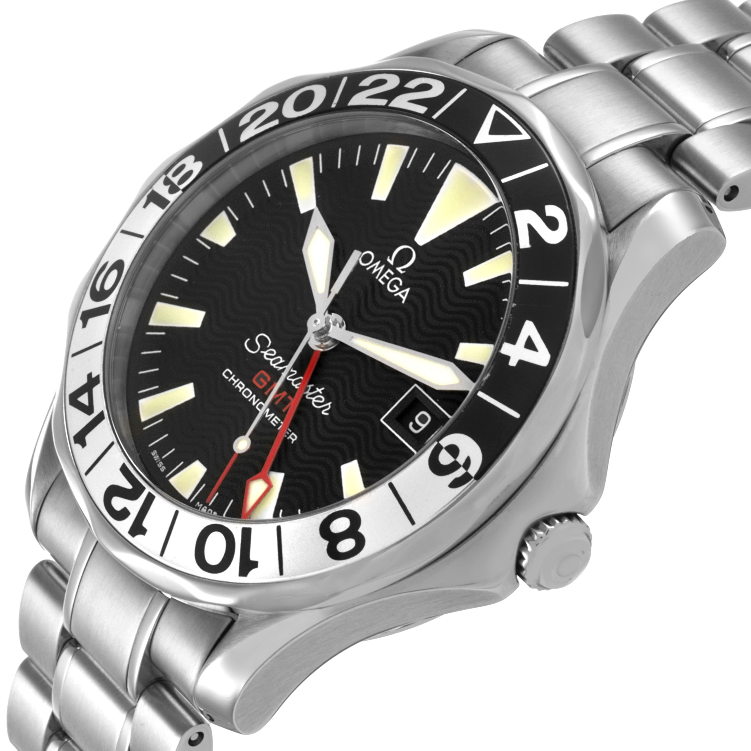 The Omega Seamaster 2234.50.00 Men's Stainless Steel Black Dial watch is shown from a slightly angled side view, highlighting the bezel, crown, dial, and bracelet.