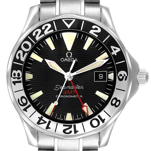 The Omega Seamaster 2234.50.00 Men's Stainless Steel Black Dial watch is shown from a front angle, displaying the dial, bezel, hands, and part of the bracelet.