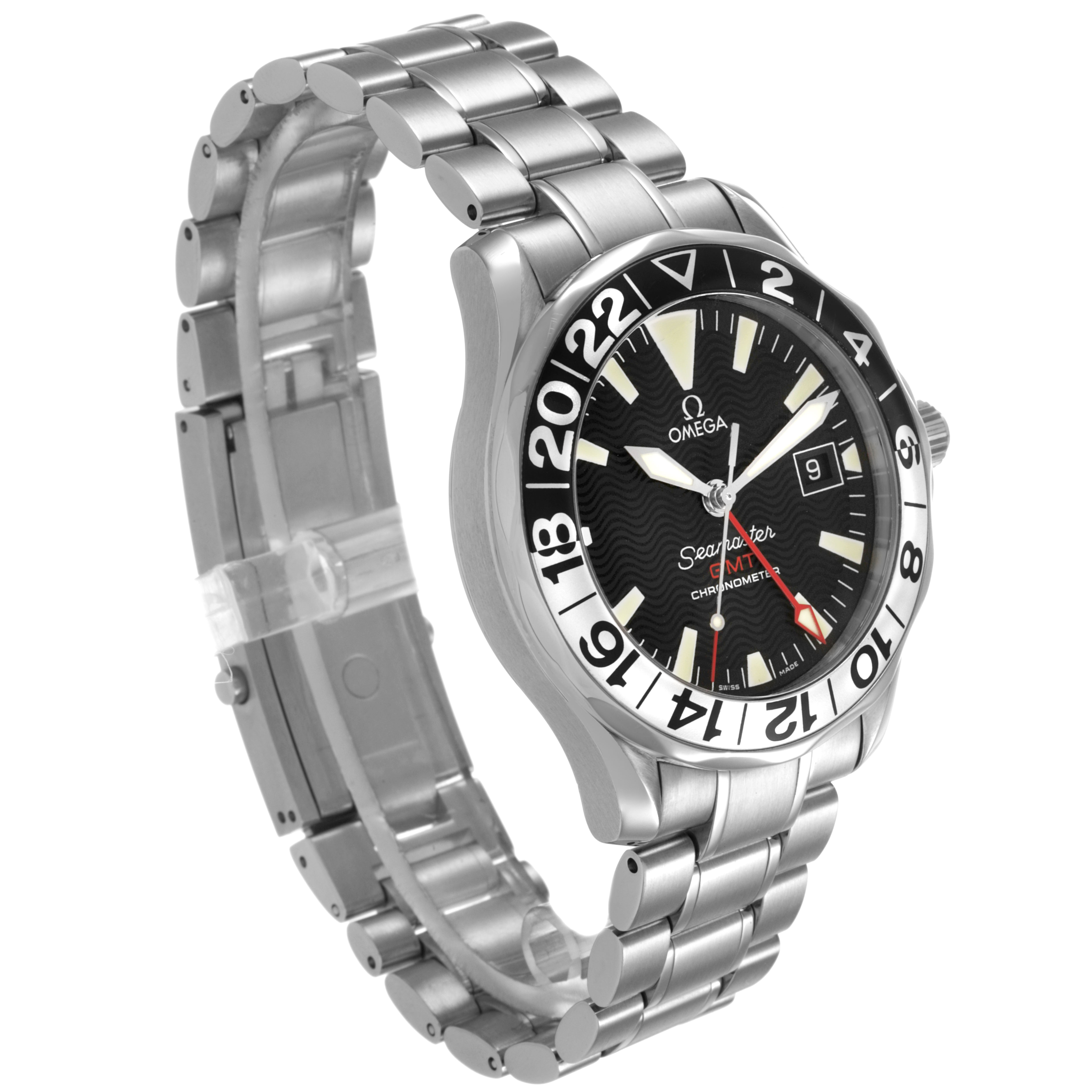 The Omega Seamaster 2234.50.00 Men's Stainless Steel Black Dial watch is shown at a three-quarter angle, displaying its face, bezel, and bracelet.