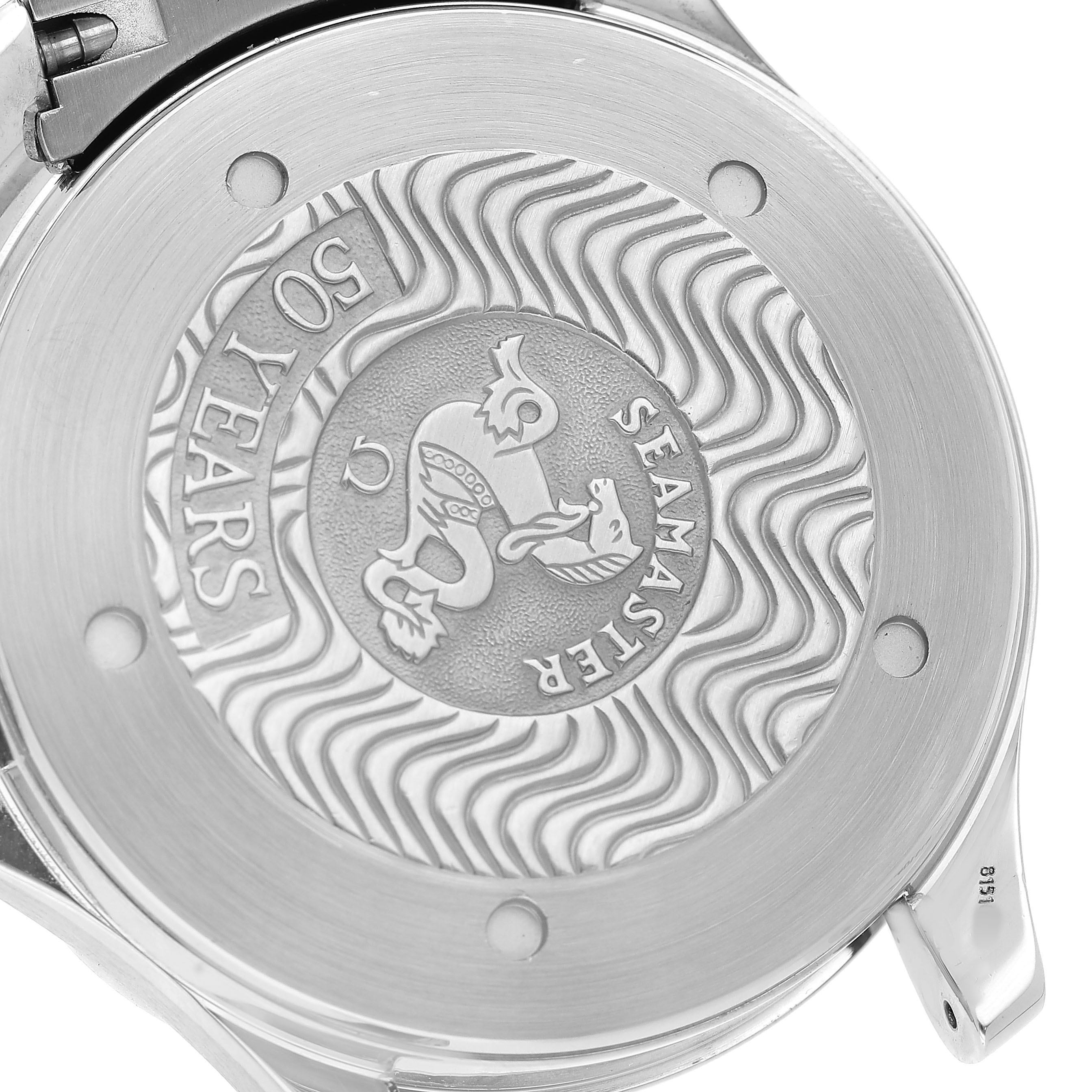 The image shows the back case of an Omega Seamaster 2234.50.00 Men's Stainless Steel Black Dial watch with a commemorative engraving.