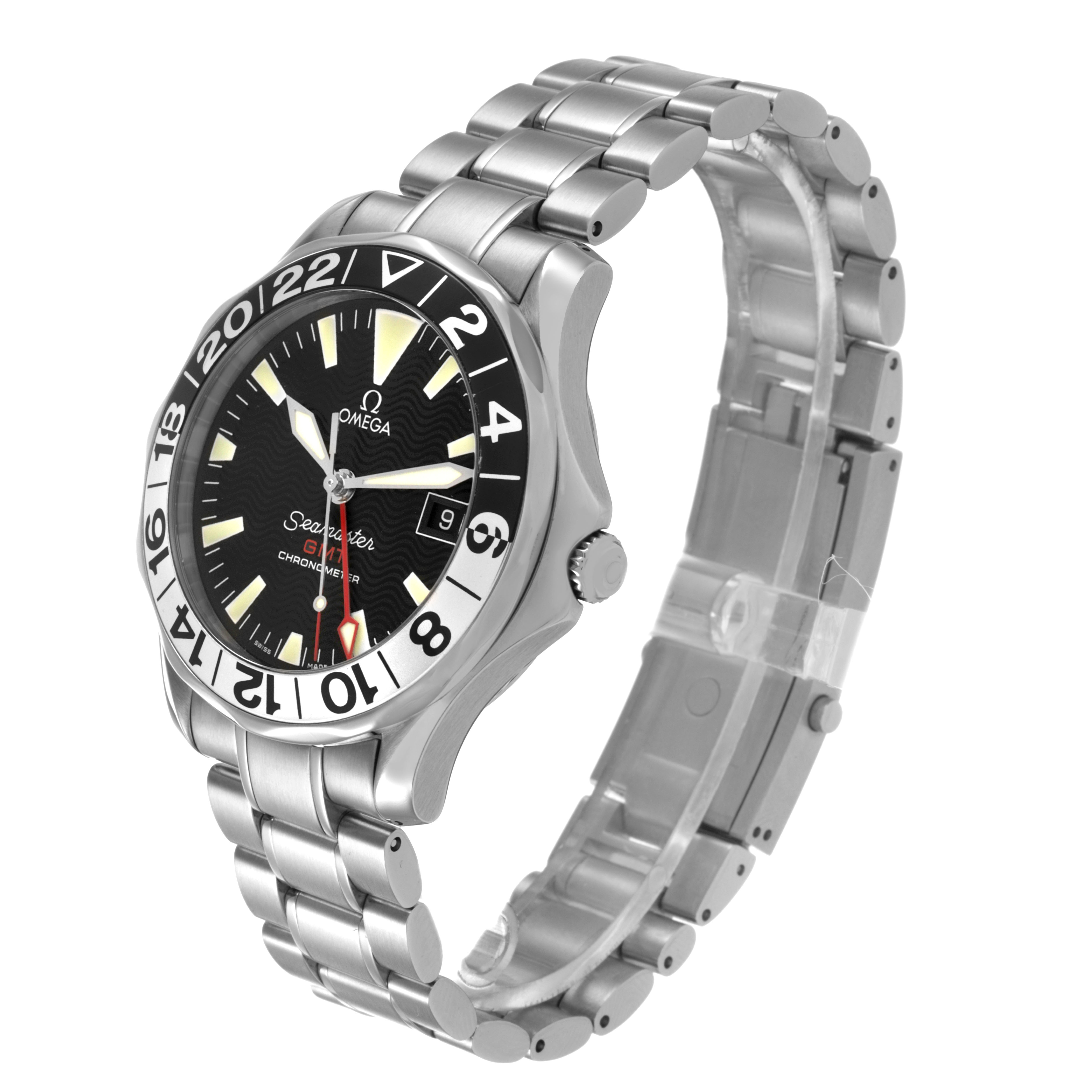 The Omega Seamaster 2234.50.00 Men's Stainless Steel Black Dial watch is shown at a three-quarter angle, highlighting its face, bezel, crown, and metal bracelet.