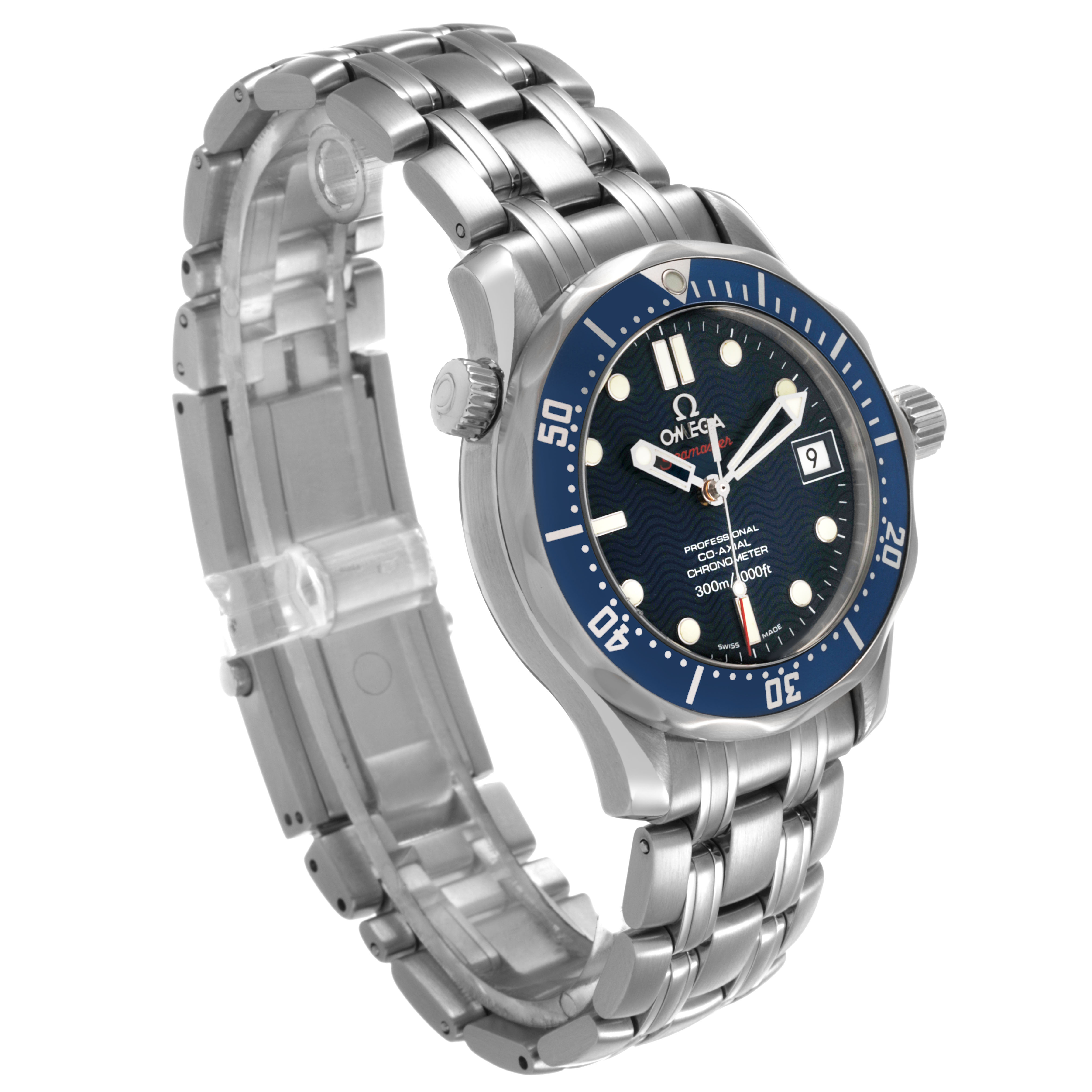 The Omega Seamaster 2222.80.00 Men's Stainless Steel Blue Dial watch is shown at a three-quarter angle, highlighting the bracelet, bezel, dial, and date window.