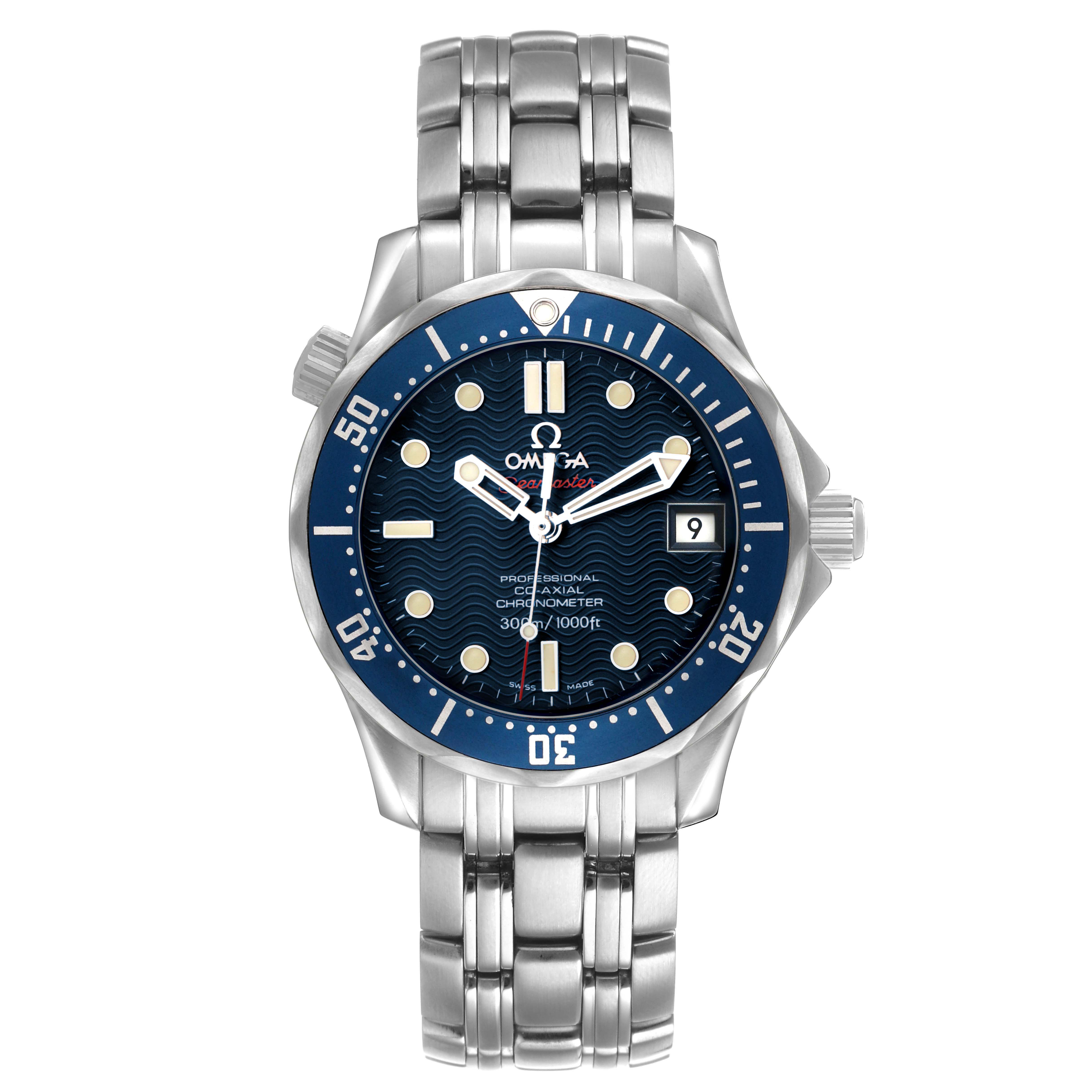 The Omega Seamaster 2222.80.00 Men's Stainless Steel Blue Dial watch is shown from the front, highlighting the dial, bezel, bracelet, and crown.