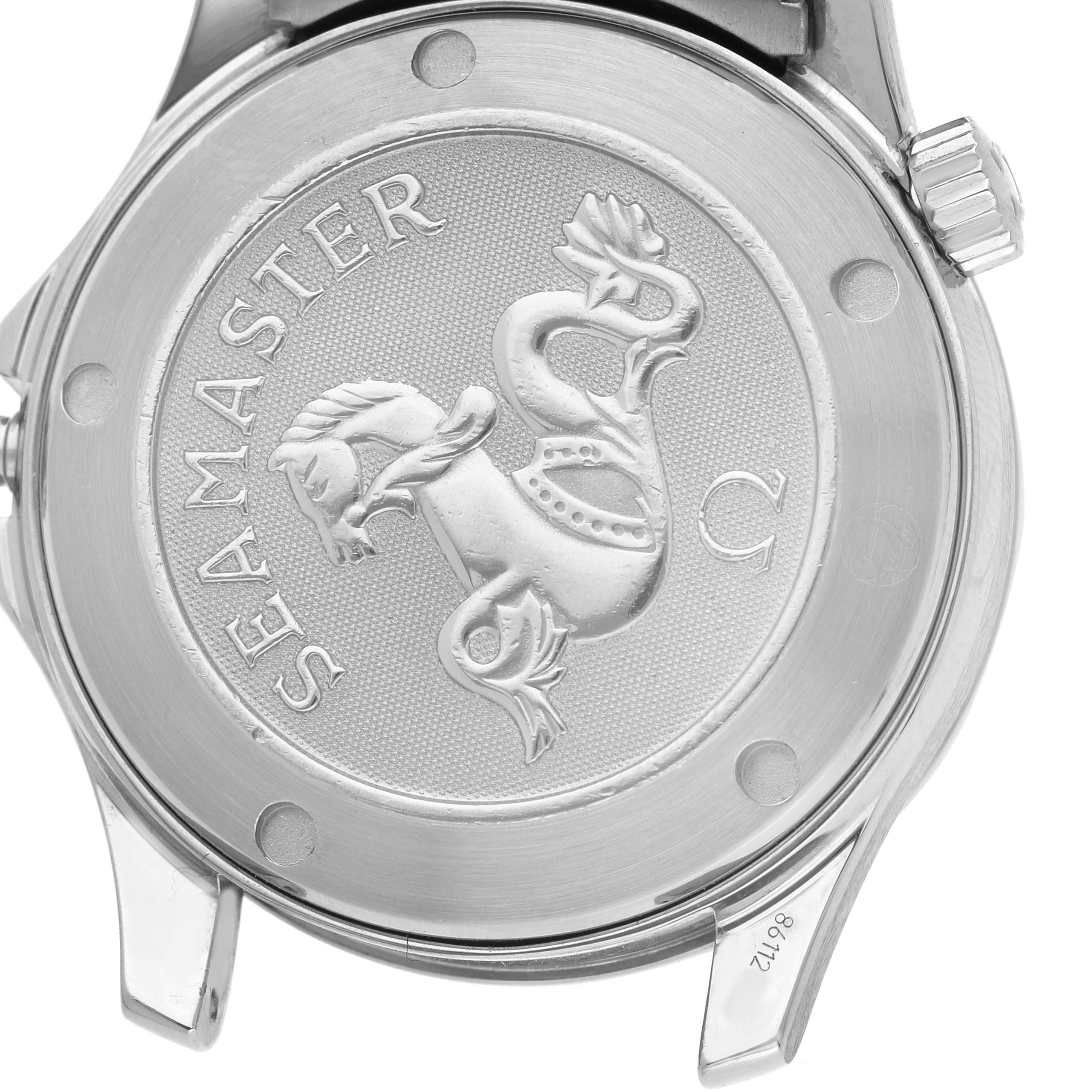 The image shows the back of an Omega Seamaster 2222.80.00 Men's Stainless Steel Blue Dial watch, highlighting the engraved emblem and case detail.