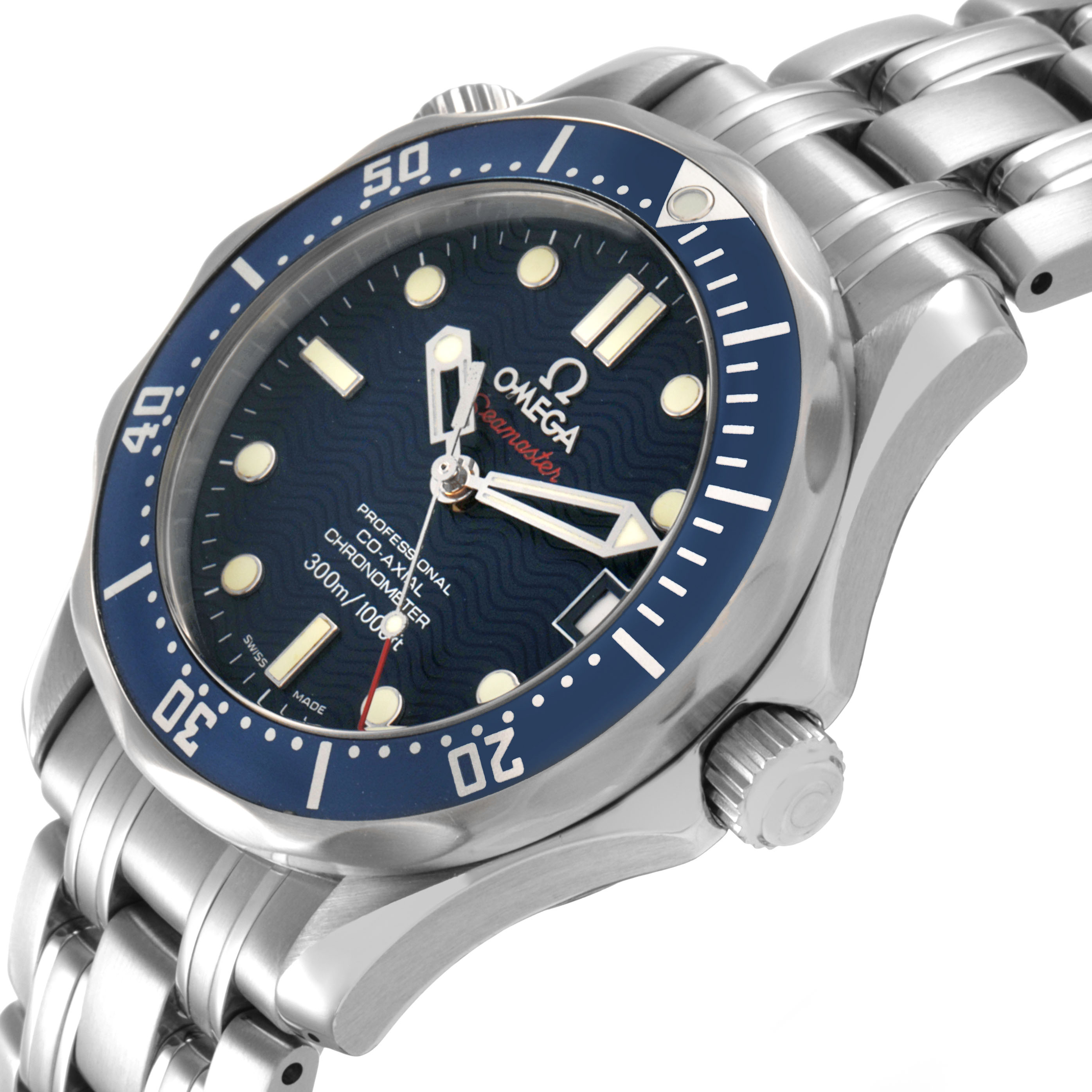 The Omega Seamaster 2222.80.00 Men's Stainless Steel Blue Dial watch is shown at an angle highlighting the dial, bezel, crown, and part of the stainless steel bracelet.