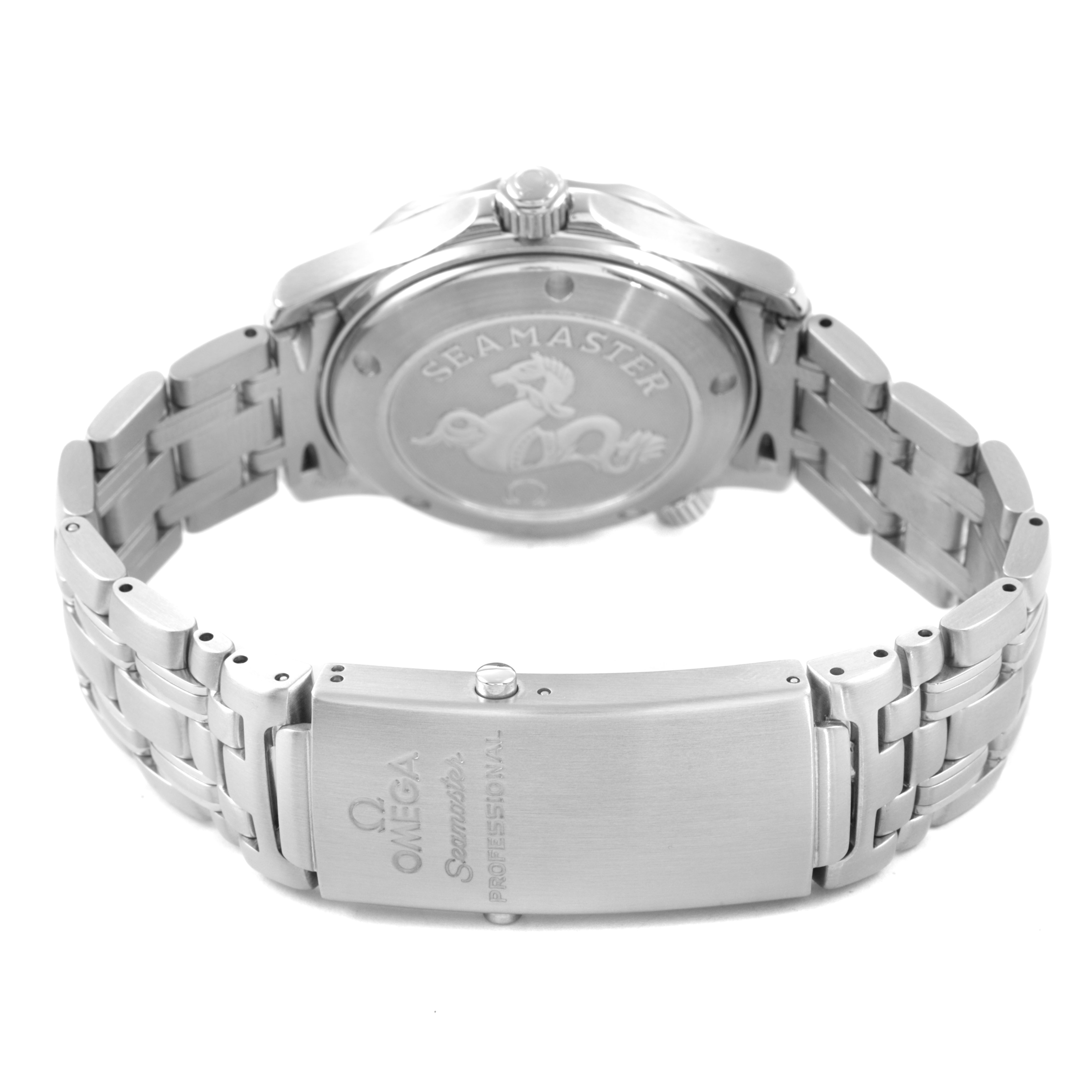 The image shows the Omega Seamaster 2222.80.00 Men's Stainless Steel Blue Dial watch from the back, displaying the case back and bracelet clasp.