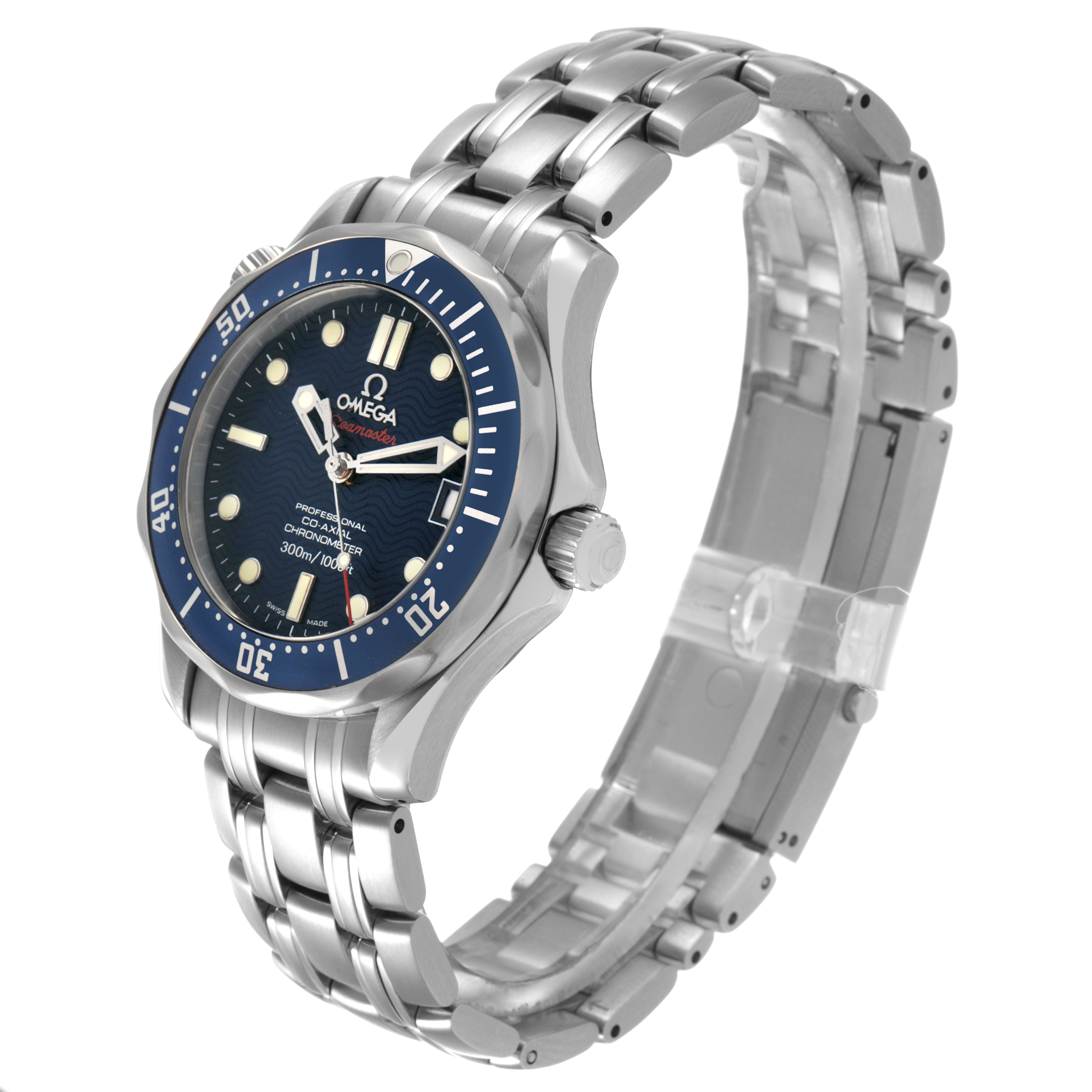 The Omega Seamaster 2222.80.00 Men's Stainless Steel Blue Dial is shown at an angled side view, highlighting the dial, bezel, crown, and bracelet.
