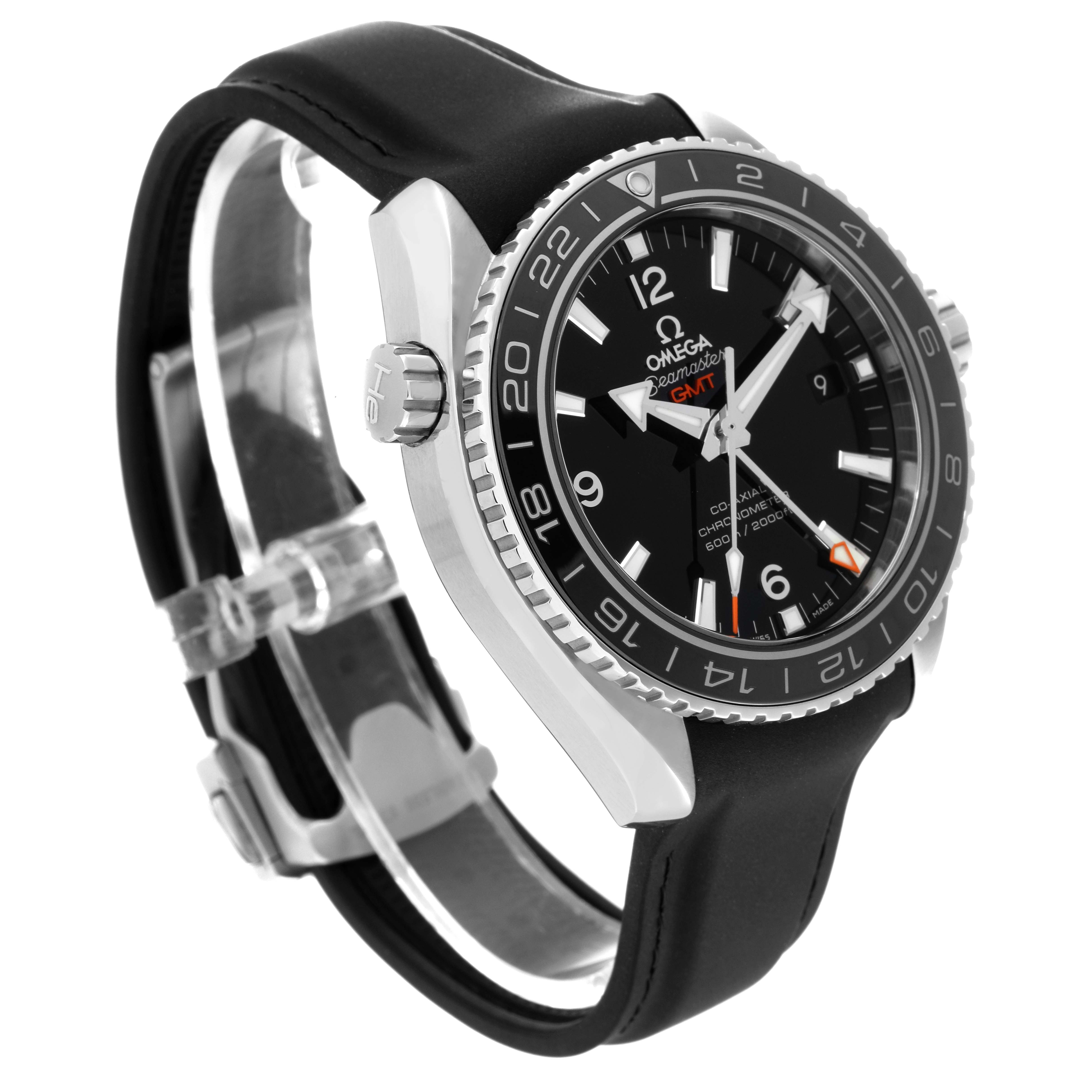 The image shows a front-side angle of the Omega Planet Ocean 232.32.44.22.01.001 Men
s Stainless Steel Black Dial 232.32.44.22.01.001 Men
s Stainless Steel Black Dial watch, highlighting the bezel, dial, crown, and strap.