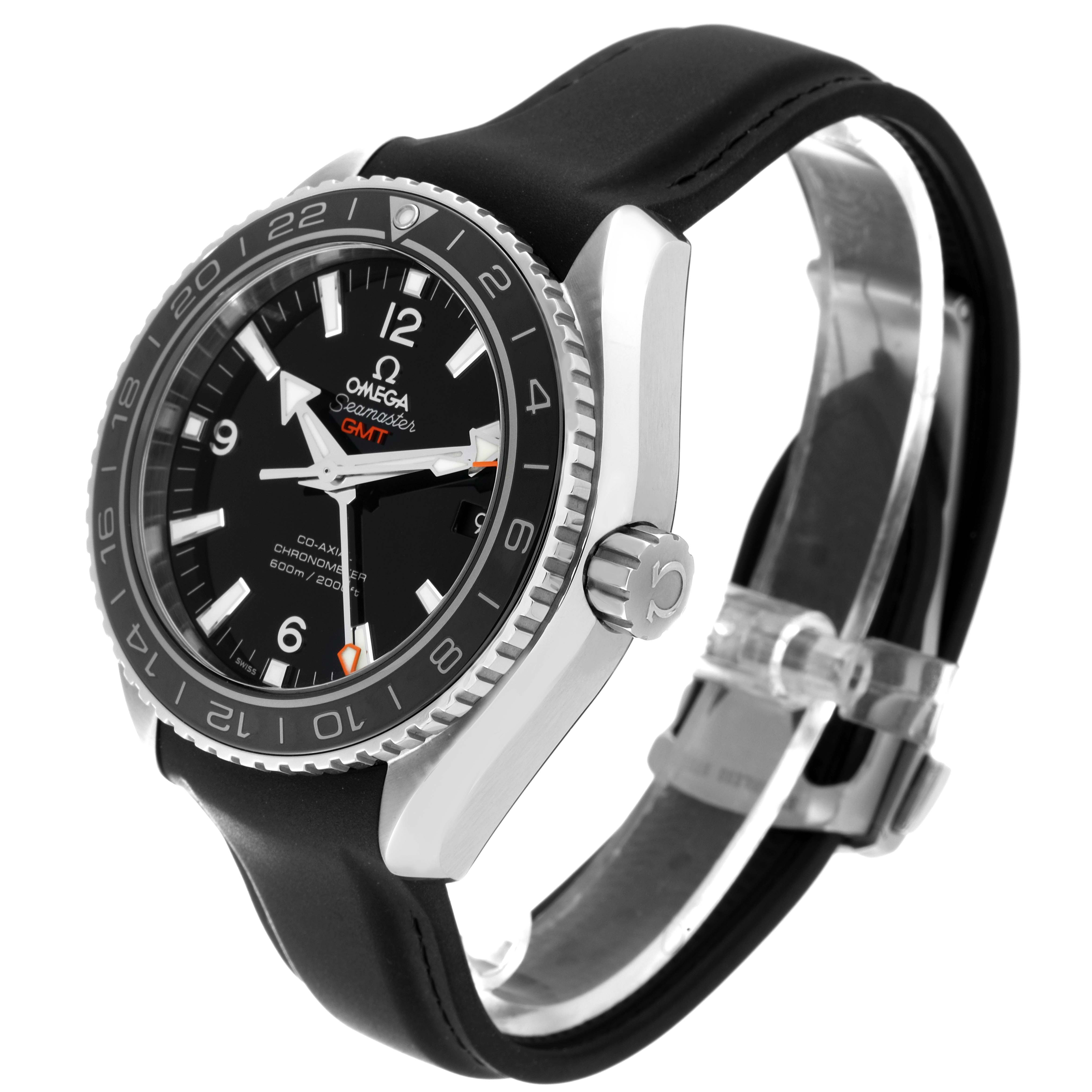 The Omega Planet Ocean 232.32.44.22.01.001 Men
s Stainless Steel Black Dial 232.32.44.22.01.001 Men
s Stainless Steel Black Dial GMT watch is shown at an angle displaying the face, bezel, case, crown, and strap.