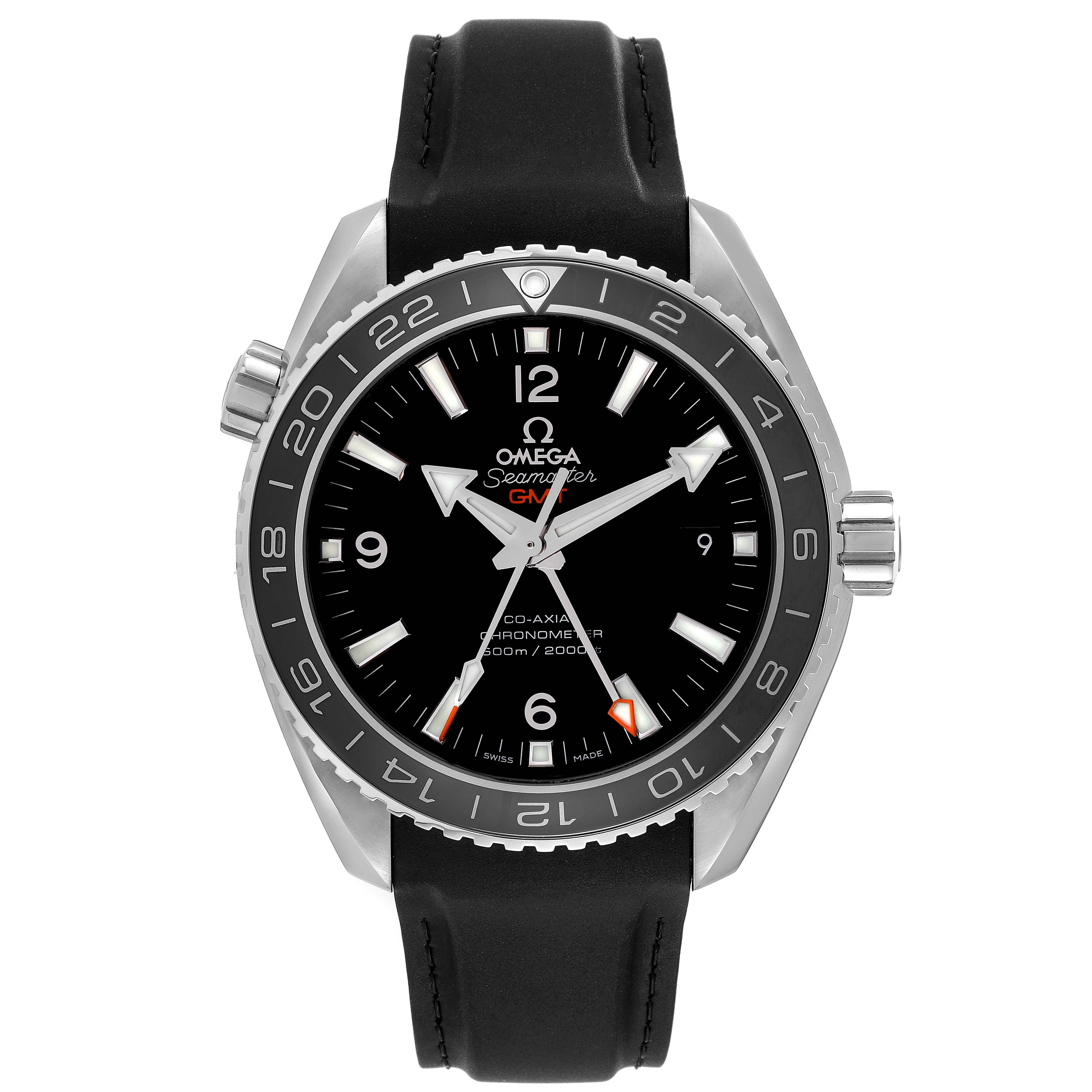 The Omega Planet Ocean 232.32.44.22.01.001 Men
s Stainless Steel Black Dial 232.32.44.22.01.001 Men
s Stainless Steel Black Dial watch is shown from a front angle, featuring its dial, bezel, and strap.