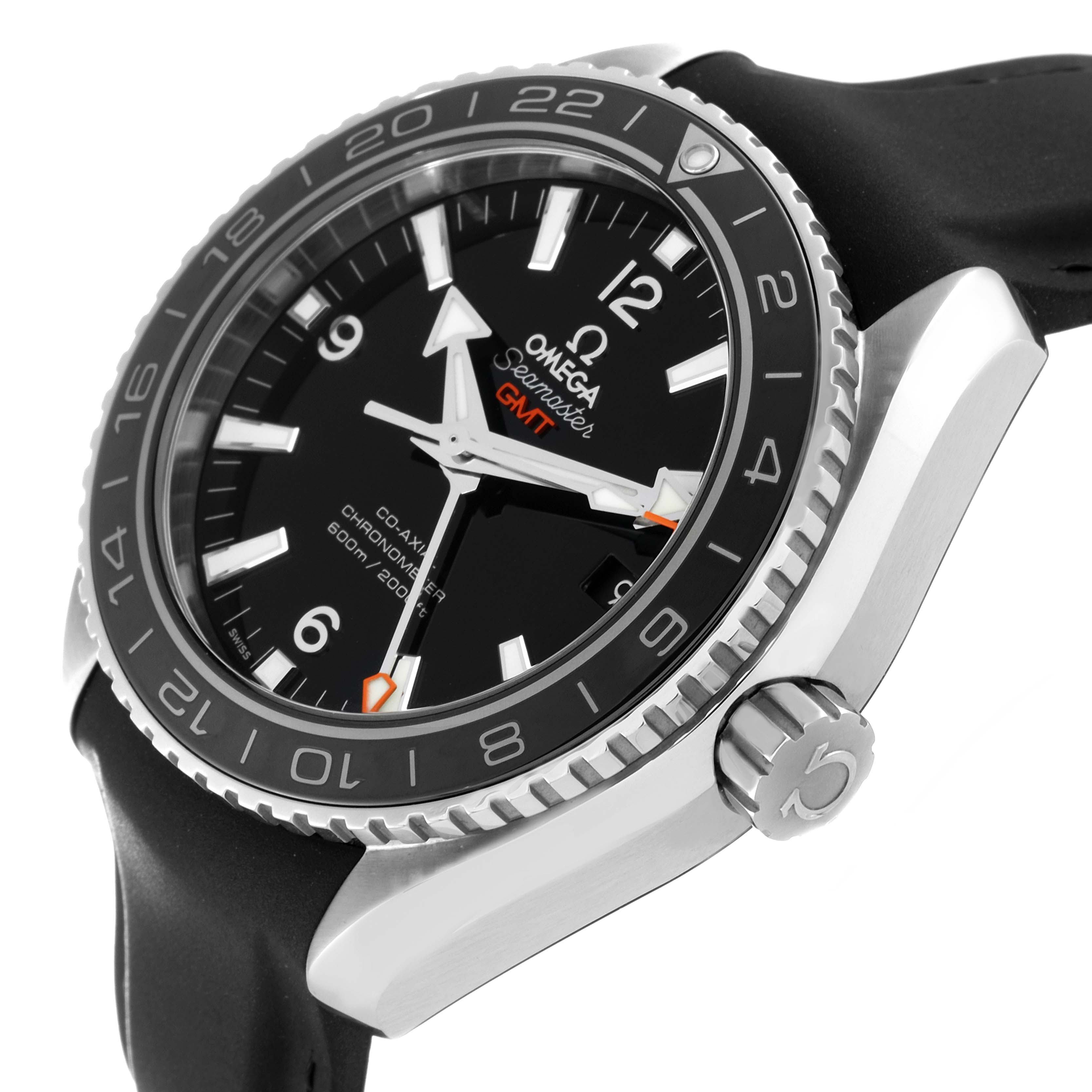 The image shows an angled view of the Omega Planet Ocean 232.32.44.22.01.001 Men
s Stainless Steel Black Dial 232.32.44.22.01.001 Men
s Stainless Steel Black Dial GMT
s face, bezel, crown, and part of the strap.