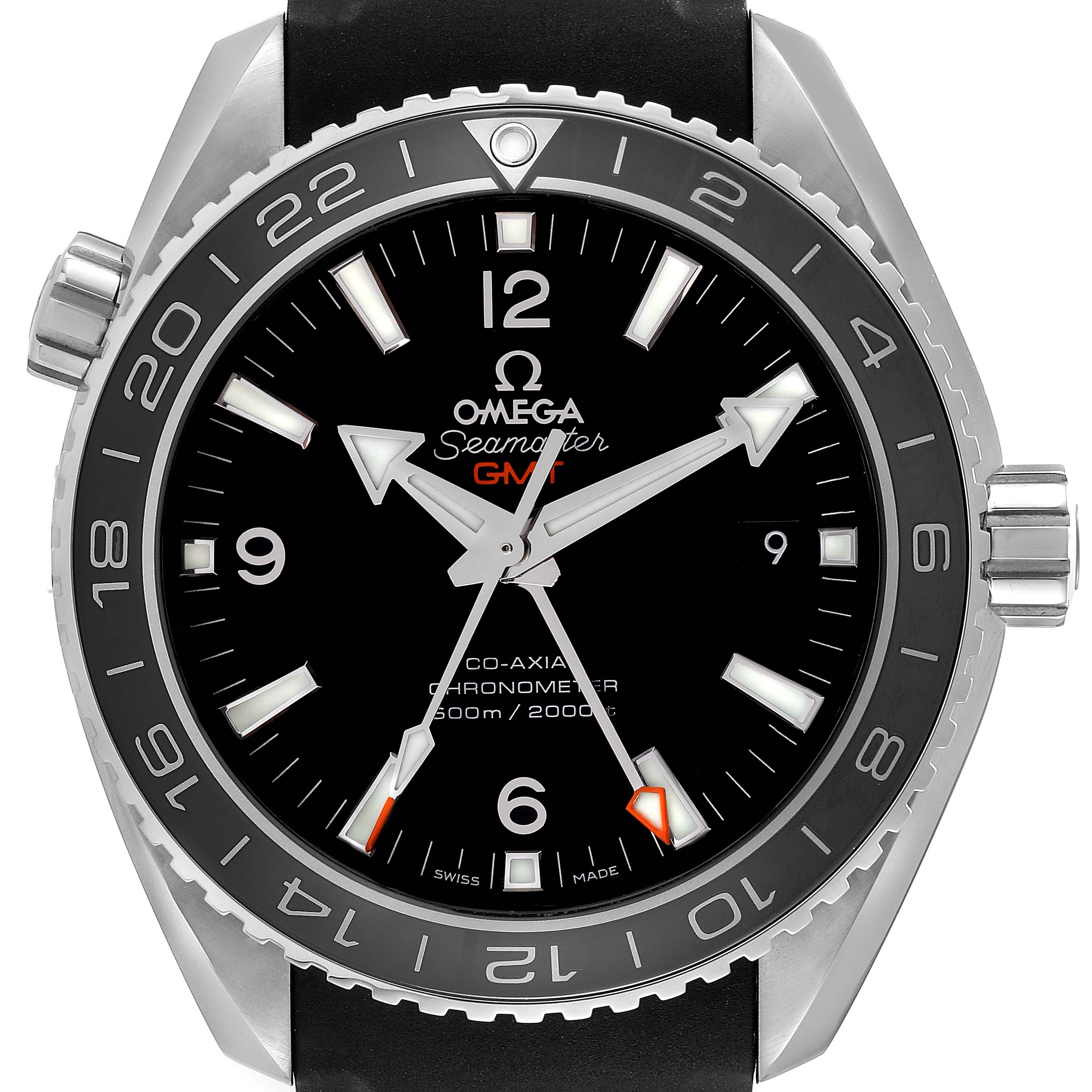 The image shows a close-up of the Omega Seamaster Planet Ocean GMT watch, highlighting the face, bezel, and crown.