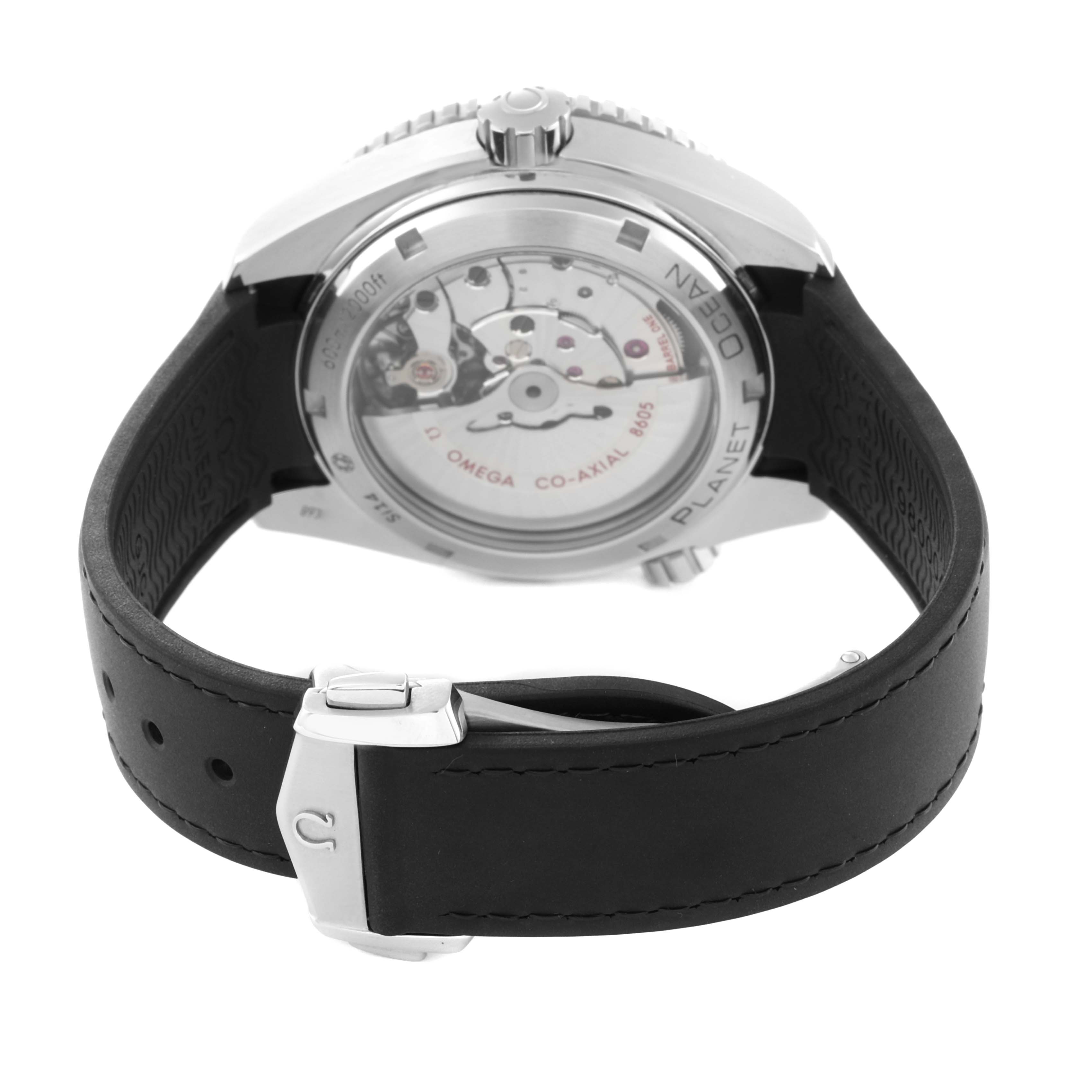 The image shows the back angle of an Omega Planet Ocean 232.32.44.22.01.001 Men
s Stainless Steel Black Dial 232.32.44.22.01.001 Men
s Stainless Steel Black Dial watch, focusing on the mechanism and strap.
