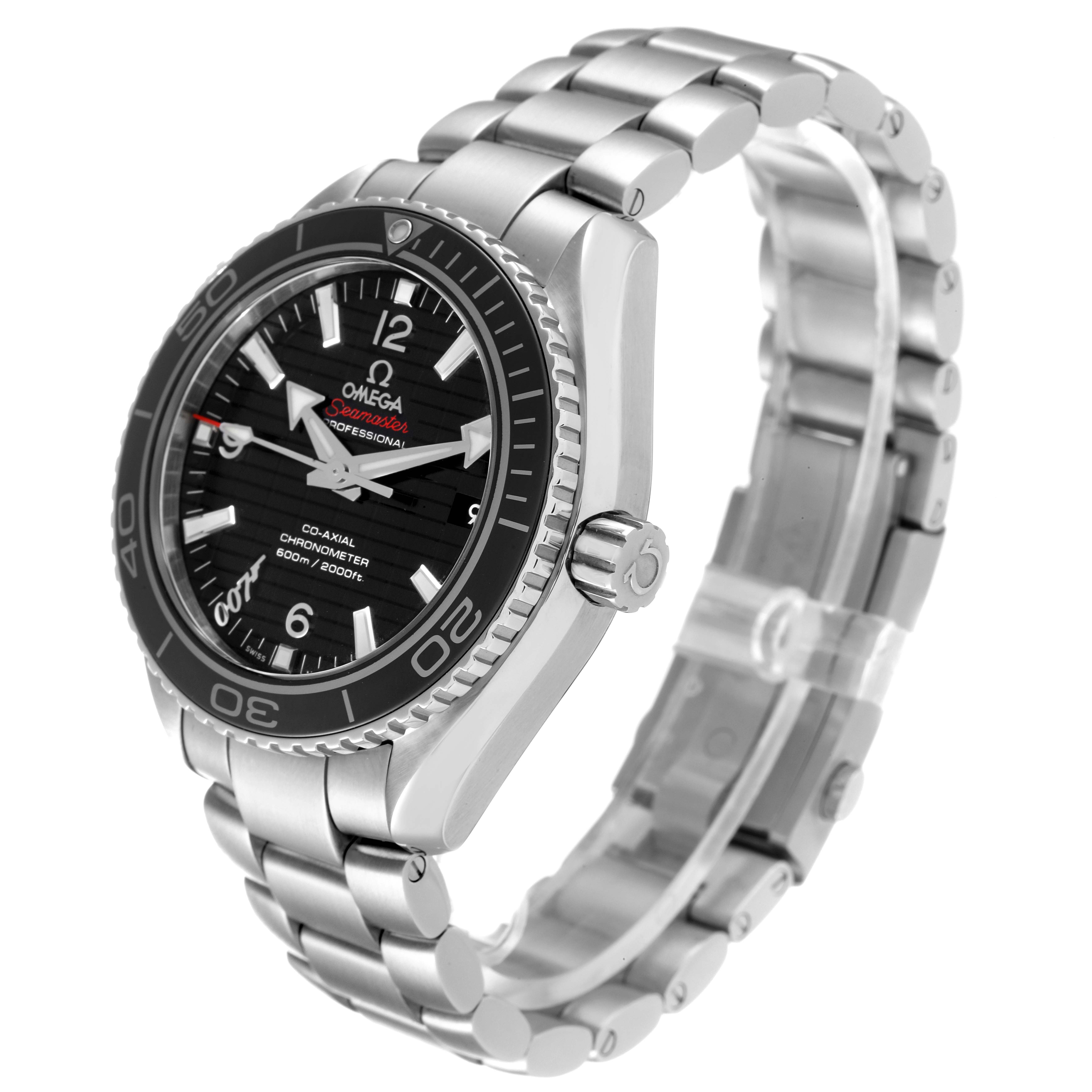 The Omega Planet Ocean 232.30.42.21.01.004 Men's Stainless Steel Black Dial 232.30.42.21.01.004 Men's Stainless Steel Black Dial watch is shown at an angle highlighting its face, bezel, crown, and metal bracelet.