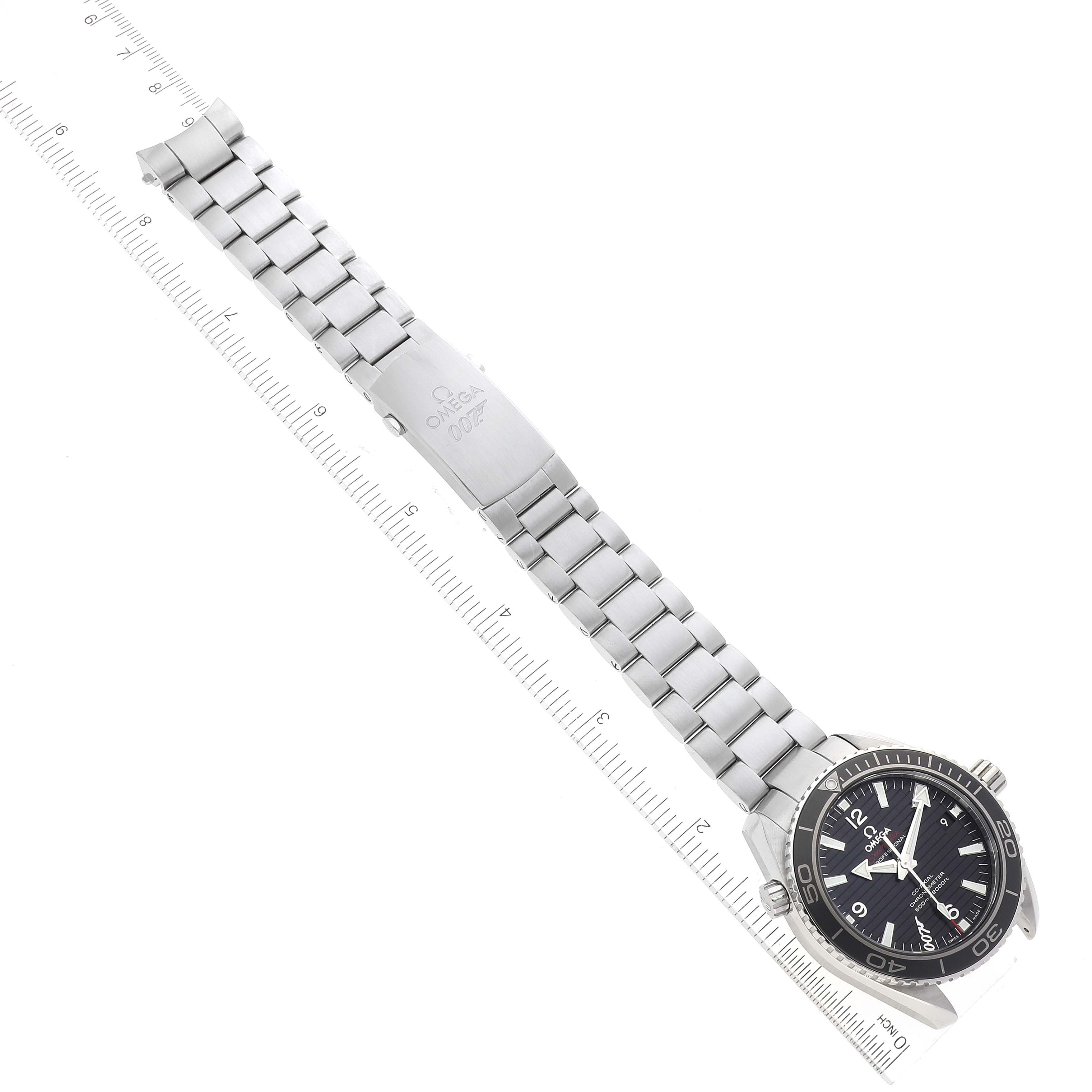 The image shows an Omega Planet Ocean 232.30.42.21.01.004 Men's Stainless Steel Black Dial 232.30.42.21.01.004 Men's Stainless Steel Black Dial watch laid flat, captured from a top-down angle, displaying the face, bezel, and entire bracelet with clasp.