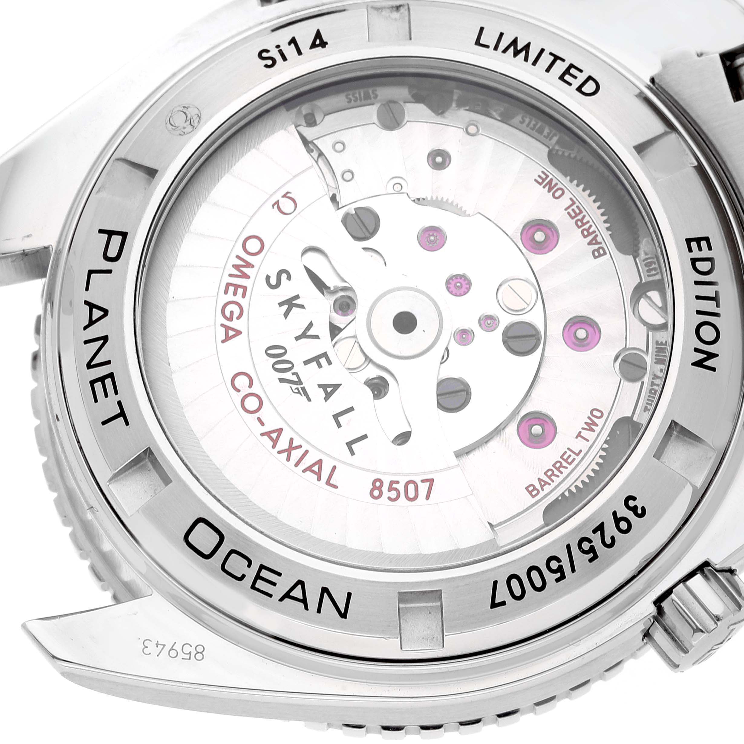 The image shows the back case of the Omega Planet Ocean 232.30.42.21.01.004 Men's Stainless Steel Black Dial 232.30.42.21.01.004 Men's Stainless Steel Black Dial Skyfall Limited Edition watch, highlighting its movement mechanism.