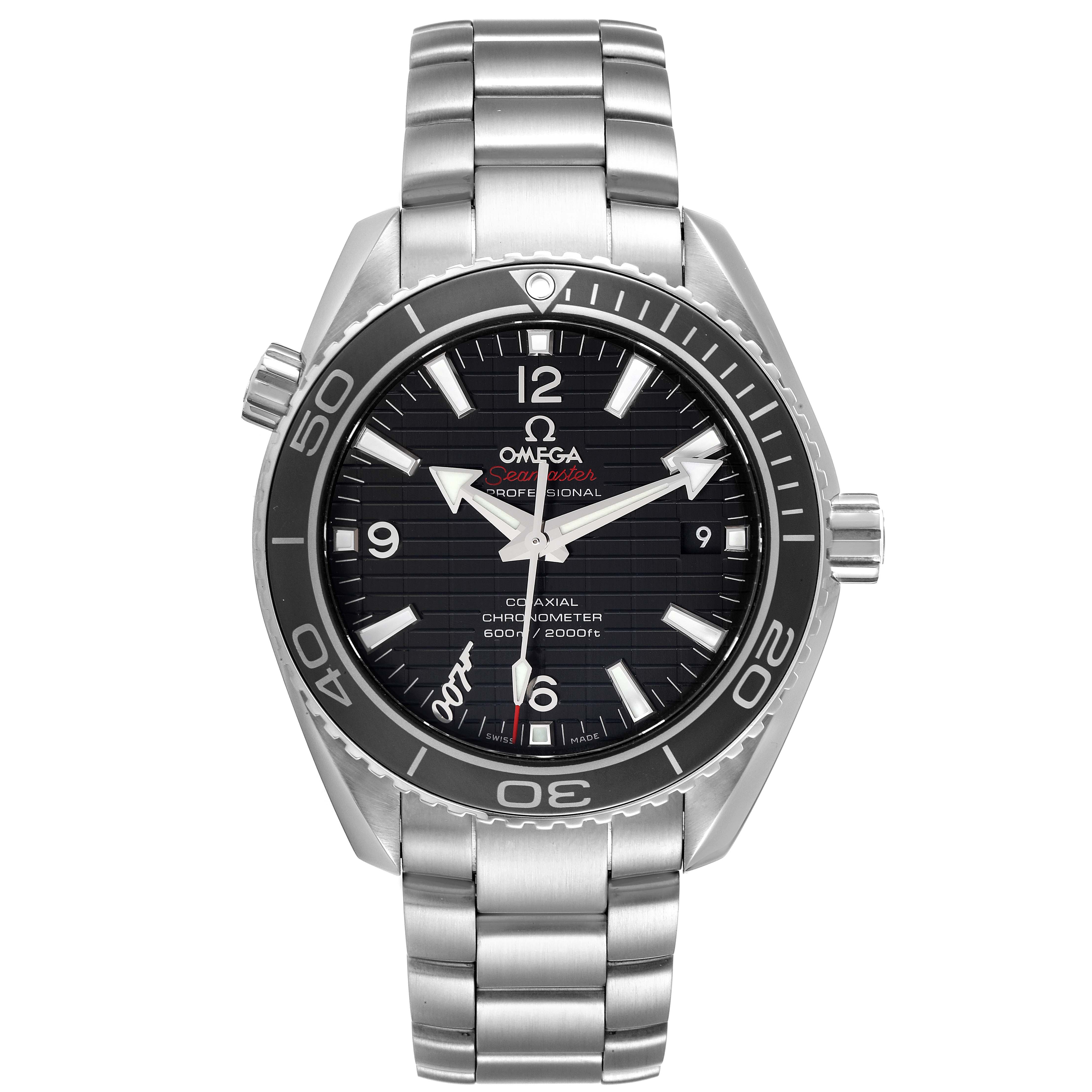 The Omega Planet Ocean 232.30.42.21.01.004 Men's Stainless Steel Black Dial 232.30.42.21.01.004 Men's Stainless Steel Black Dial watch is shown in a straight-on view, displaying its face, bezel, and stainless steel bracelet.