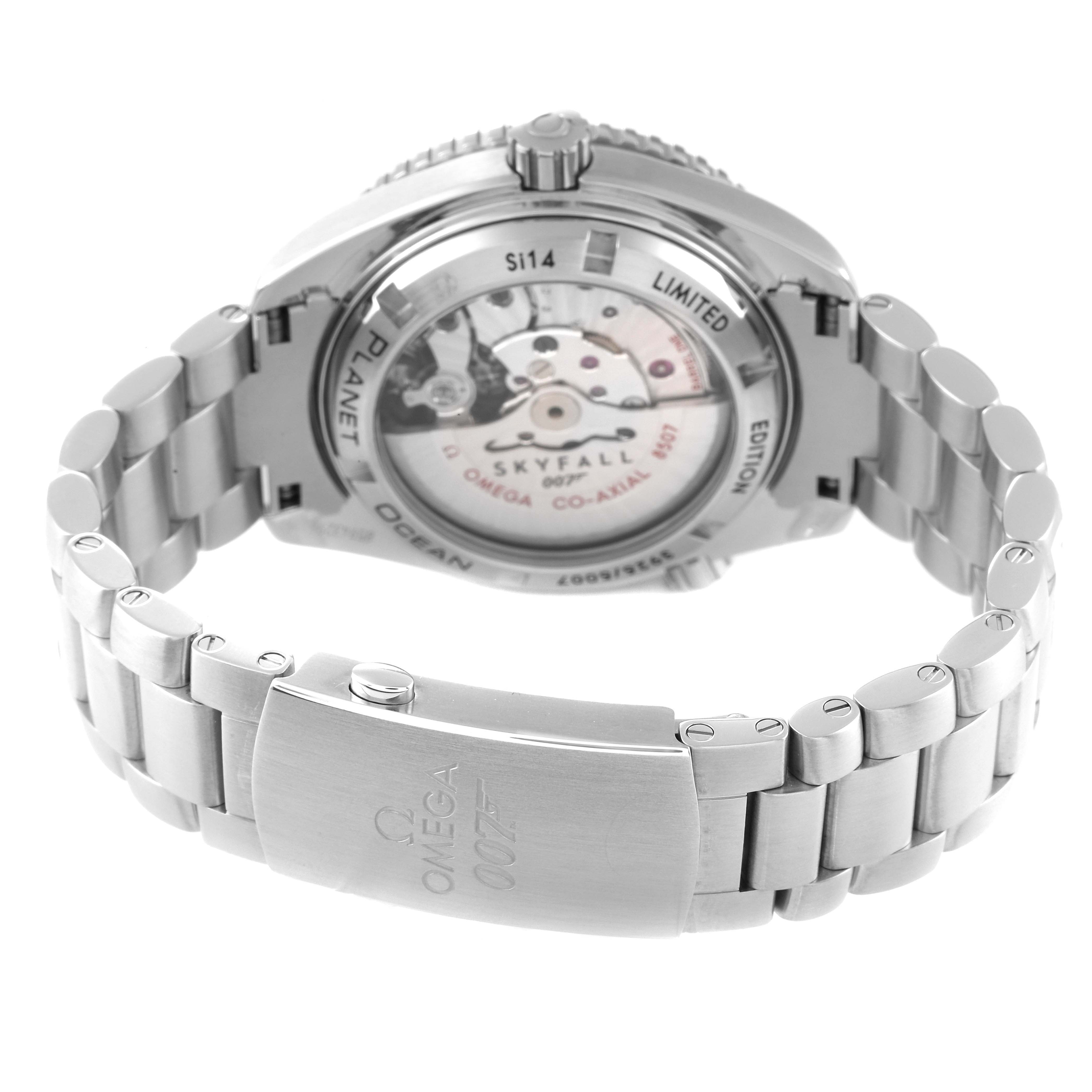 The image shows the rear view of the Omega Planet Ocean 232.30.42.21.01.004 Men's Stainless Steel Black Dial 232.30.42.21.01.004 Men's Stainless Steel Black Dial watch, highlighting the back case and bracelet with branding details.