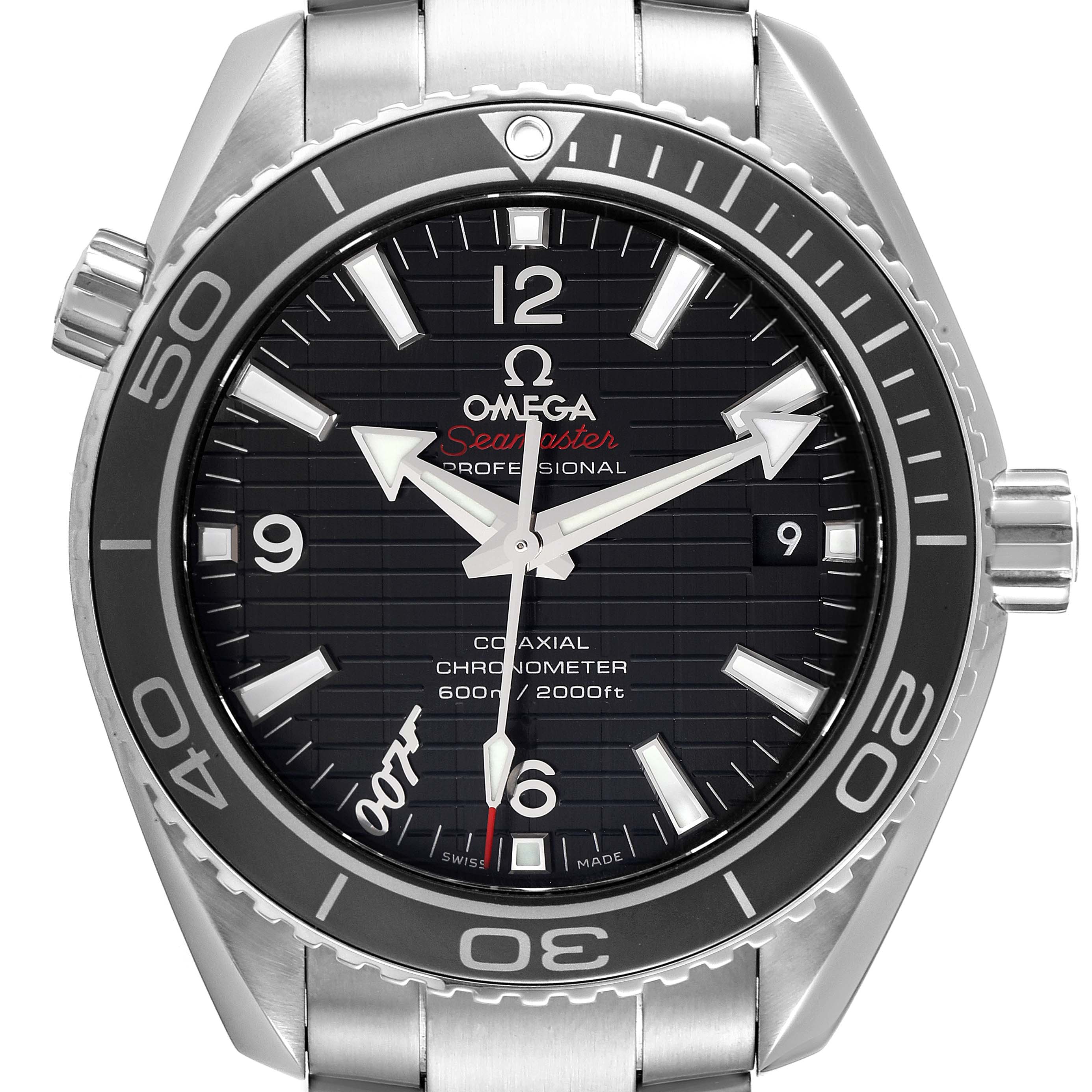 This is a front view of the Omega Planet Ocean 232.30.42.21.01.004 Men's Stainless Steel Black Dial 232.30.42.21.01.004 Men's Stainless Steel Black Dial model, showing the dial, bezel, and crown.