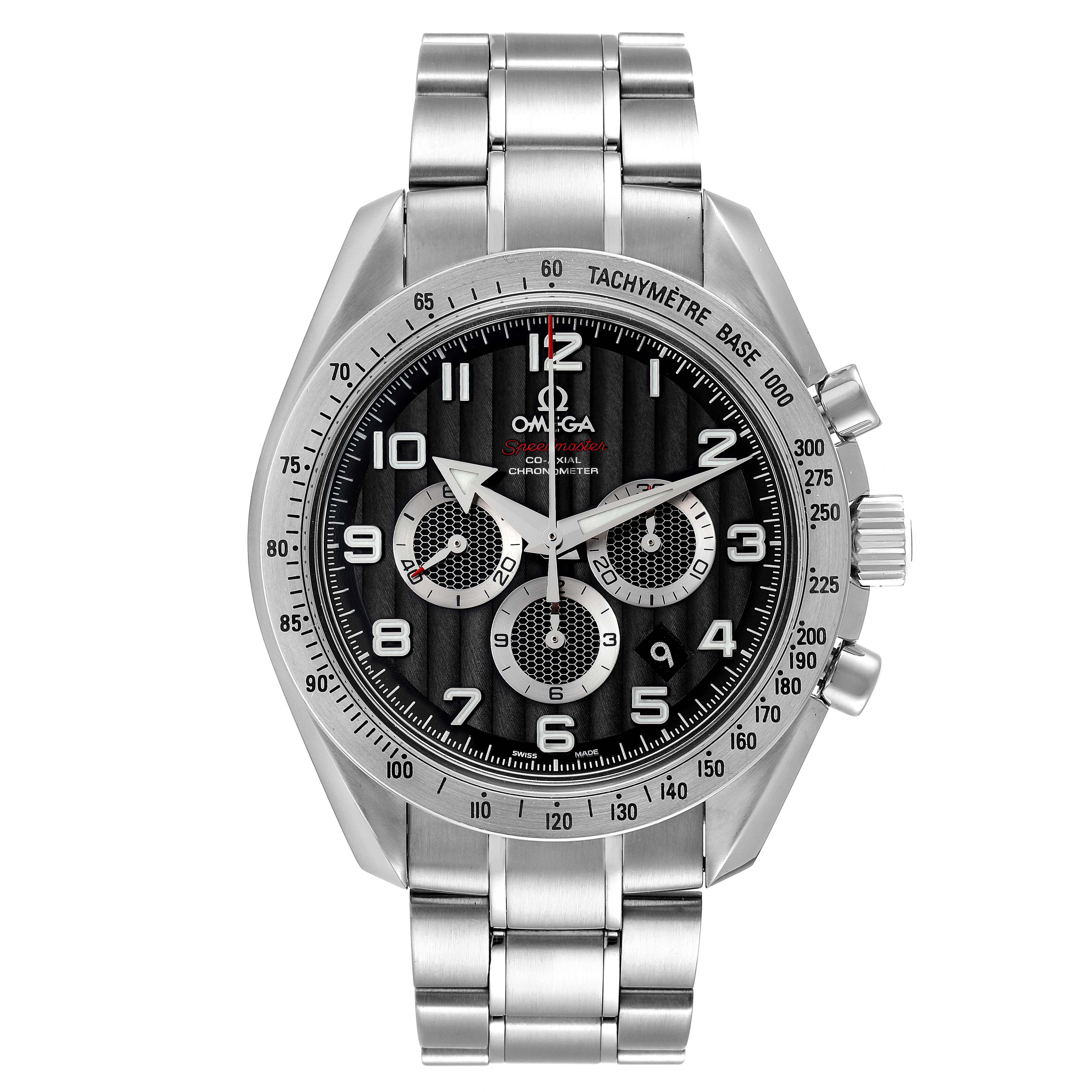 This image shows a front view of the Omega Speedmaster 321.10.44.50.01.001 Men's Stainless Steel Black Dial 321.10.44.50.01.001 Men's Stainless Steel Black Dial watch, displaying its face, bezel, and metal bracelet.