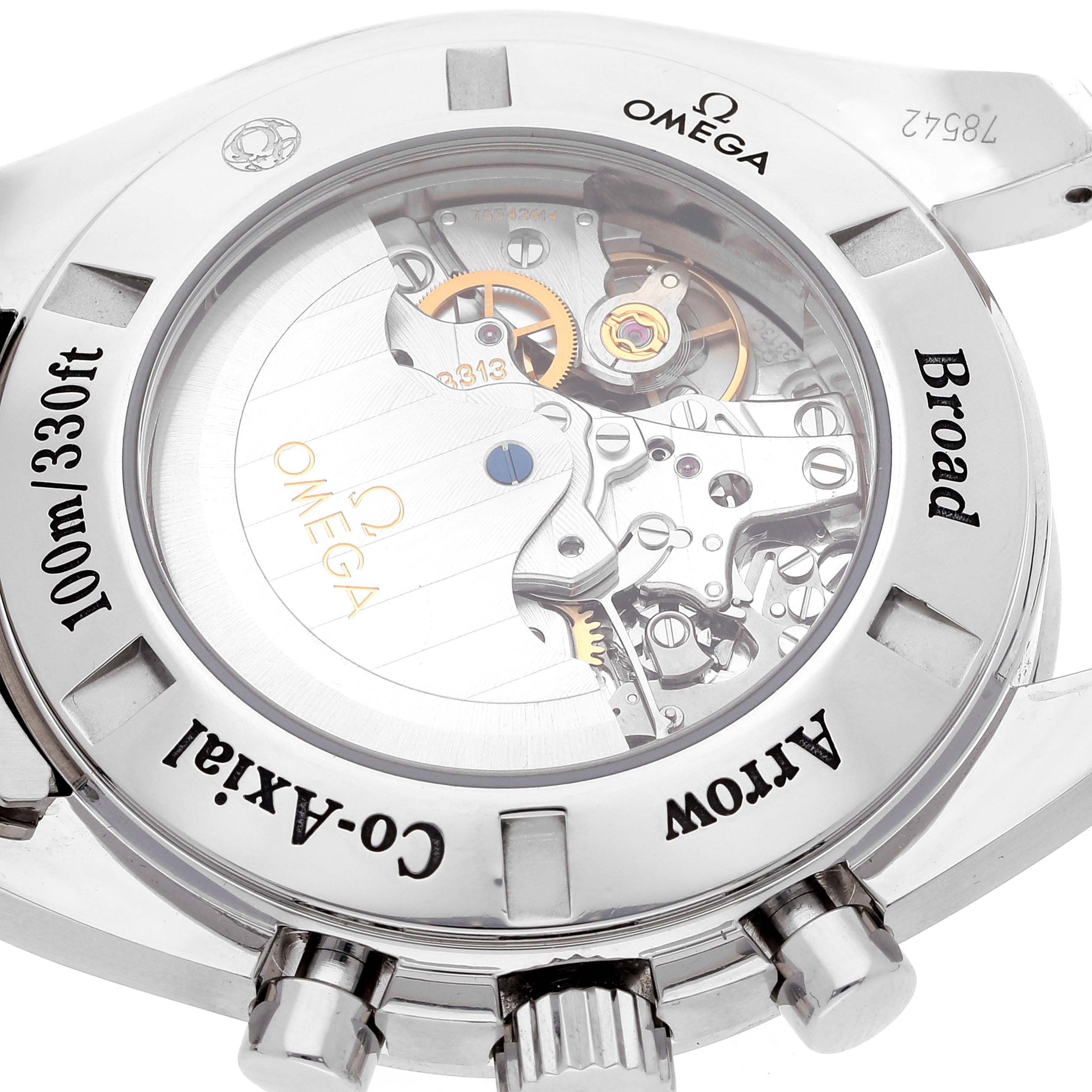 The image shows the back view of the Omega Speedmaster 321.10.44.50.01.001 Men's Stainless Steel Black Dial 321.10.44.50.01.001 Men's Stainless Steel Black Dial, highlighting its Co-Axial automatic movement.