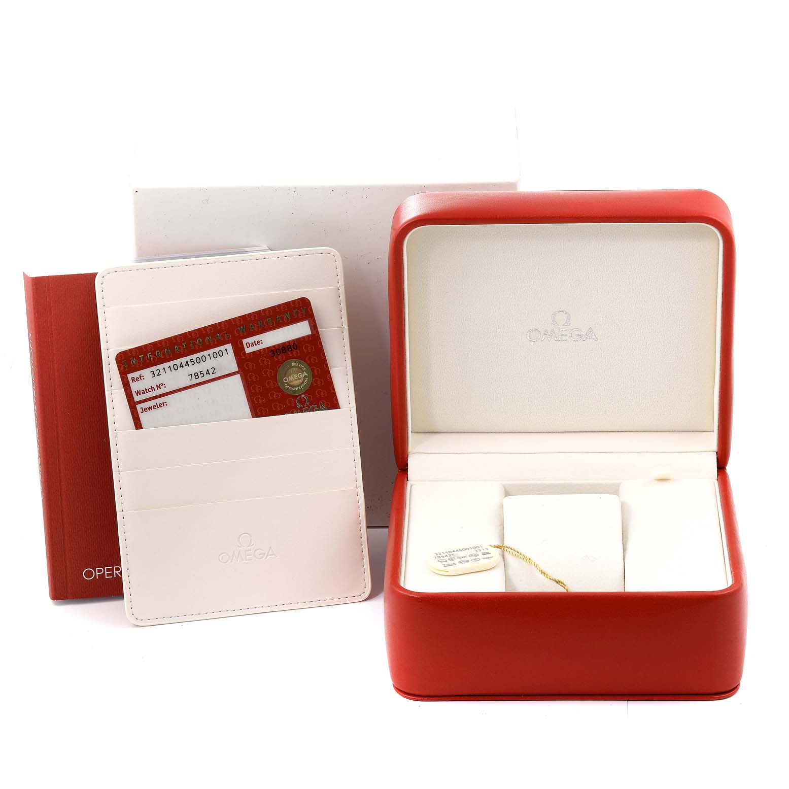 The image shows an Omega Speedmaster 321.10.44.50.01.001 Men's Stainless Steel Black Dial 321.10.44.50.01.001 Men's Stainless Steel Black Dial watch box, warranty cards, and an instruction booklet from a front angle.