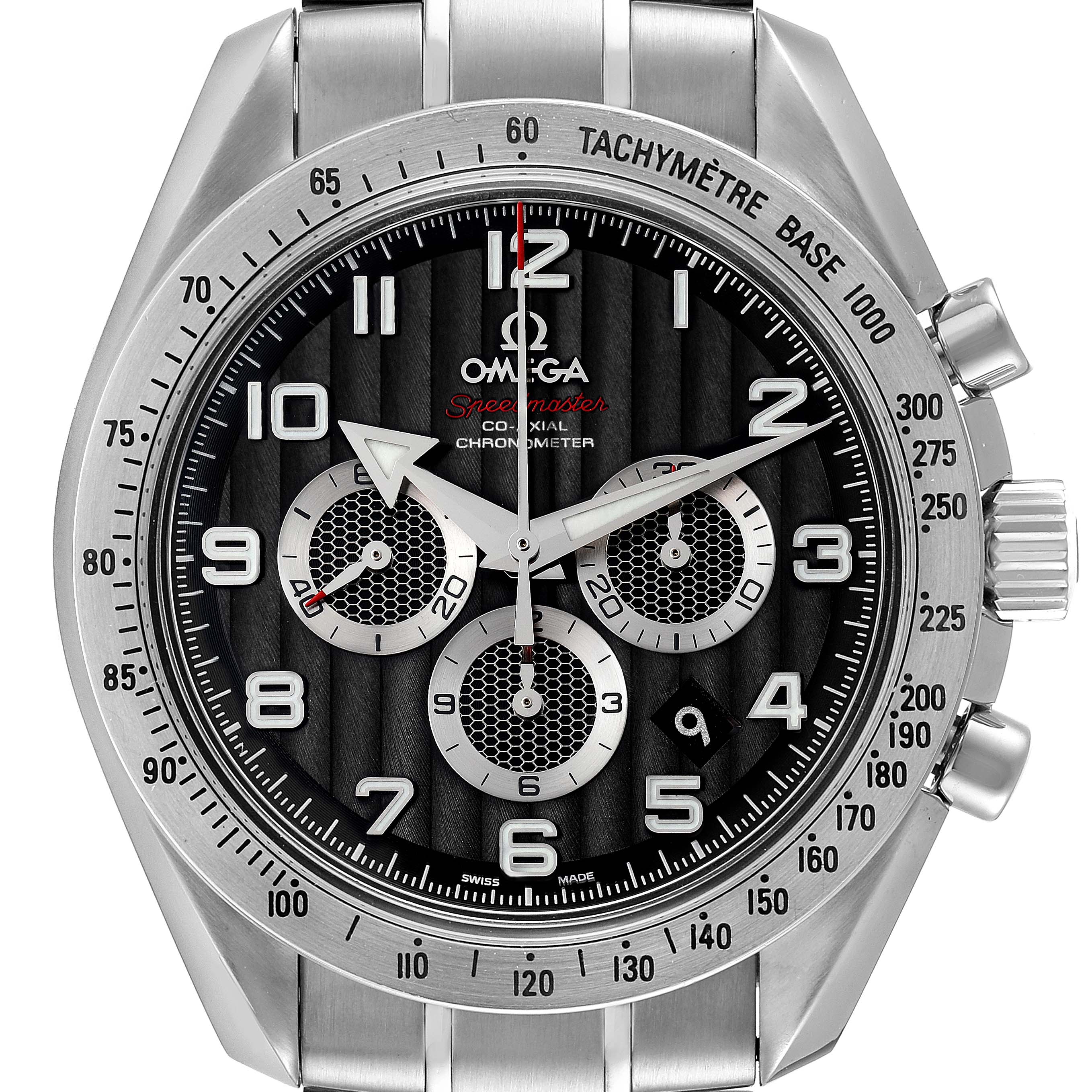 This image shows a front angle of an Omega Speedmaster 321.10.44.50.01.001 Men's Stainless Steel Black Dial 321.10.44.50.01.001 Men's Stainless Steel Black Dial watch, displaying the face, bezel, and chronograph dials.