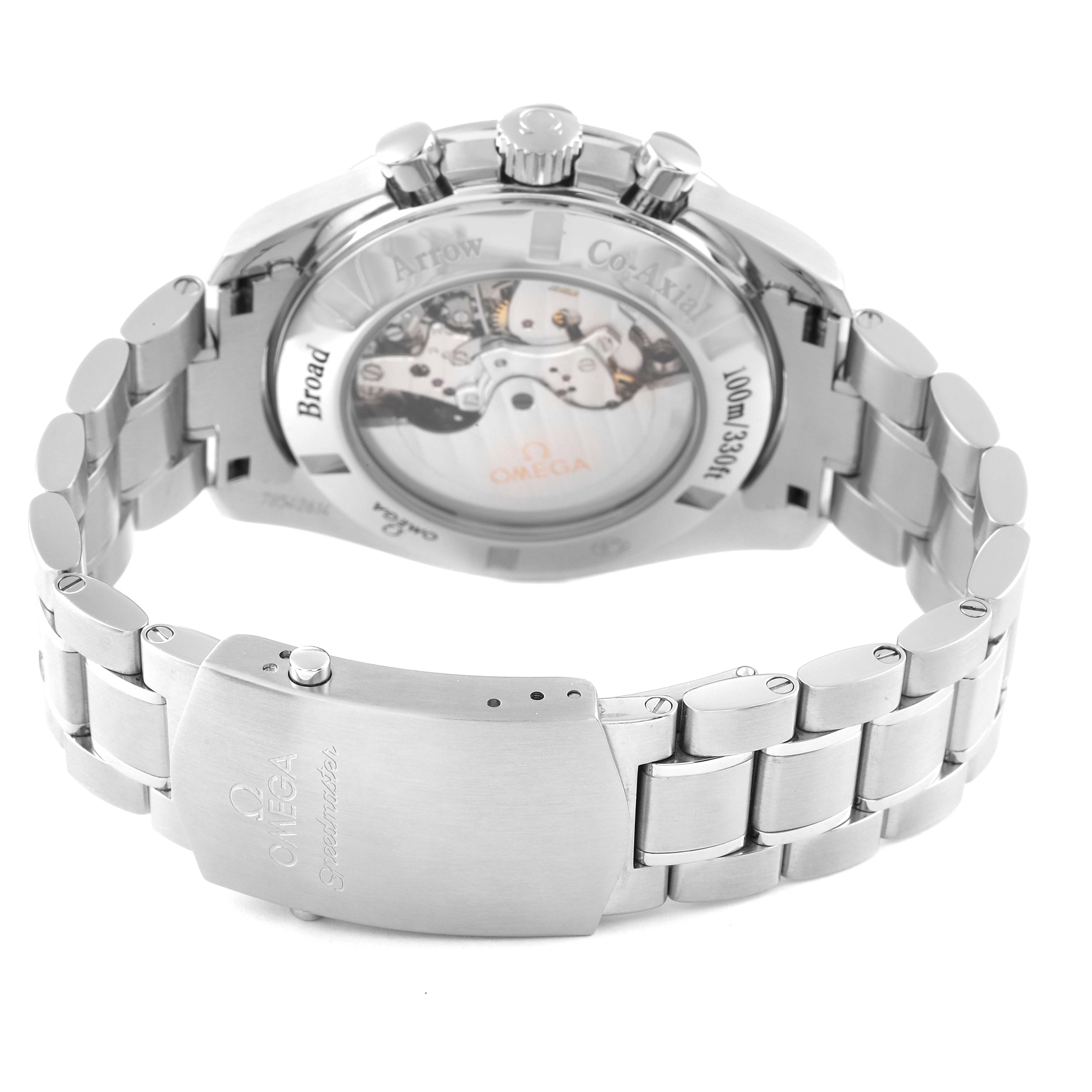 The image shows the back and bracelet of an Omega Speedmaster 321.10.44.50.01.001 Men's Stainless Steel Black Dial 321.10.44.50.01.001 Men's Stainless Steel Black Dial watch, highlighting its clasp and exhibition case back.