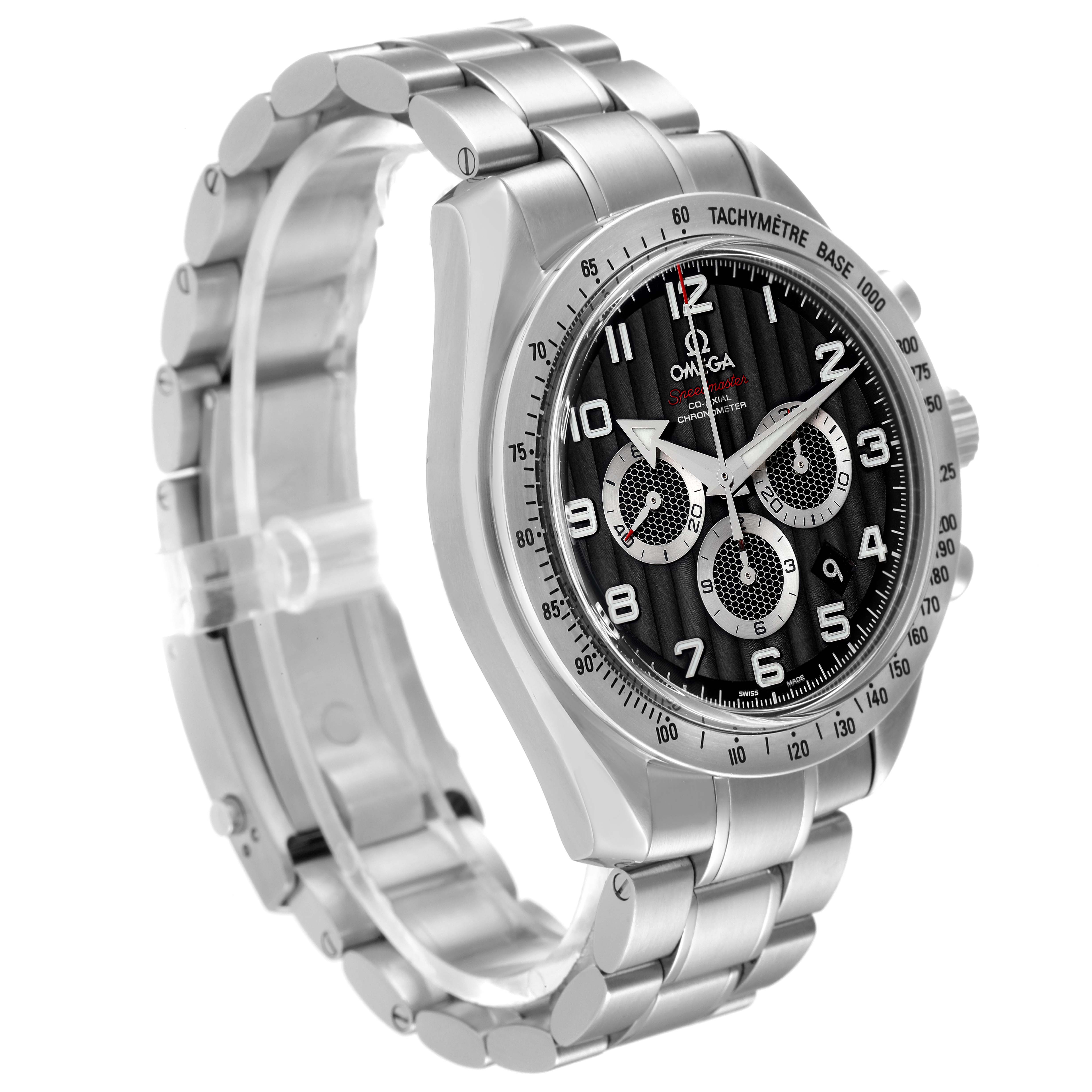 This Omega Speedmaster 321.10.44.50.01.001 Men's Stainless Steel Black Dial 321.10.44.50.01.001 Men's Stainless Steel Black Dial watch is shown from a 3/4 angle, displaying its dial, bracelet, bezel, and crown.