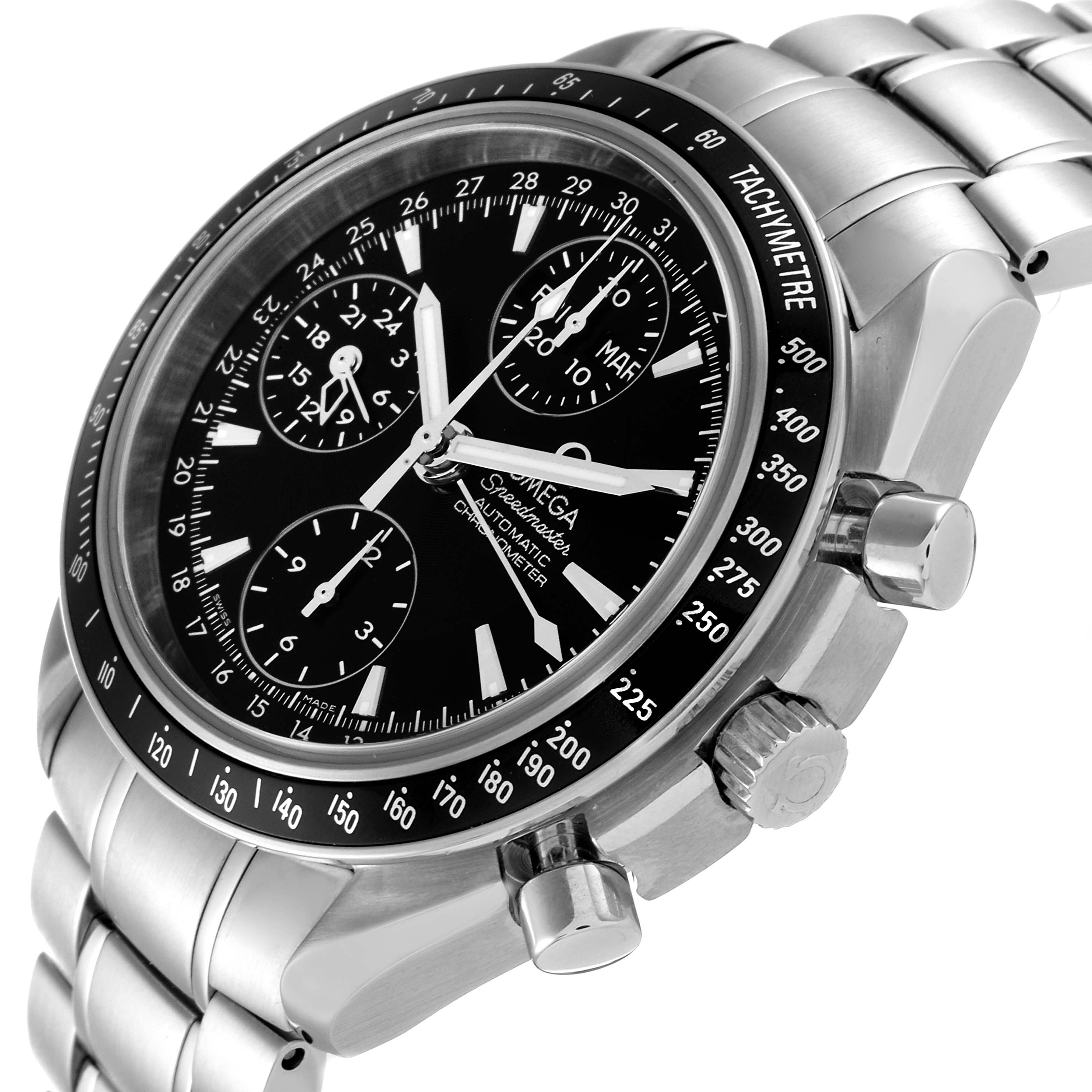 The image shows the Omega Speedmaster 3220.50.00 Men's Stainless Steel Black Dial 3220.50.00 Men's Stainless Steel Black Dial watch at an angled view displaying the face, bezel, crown, and part of the bracelet.
