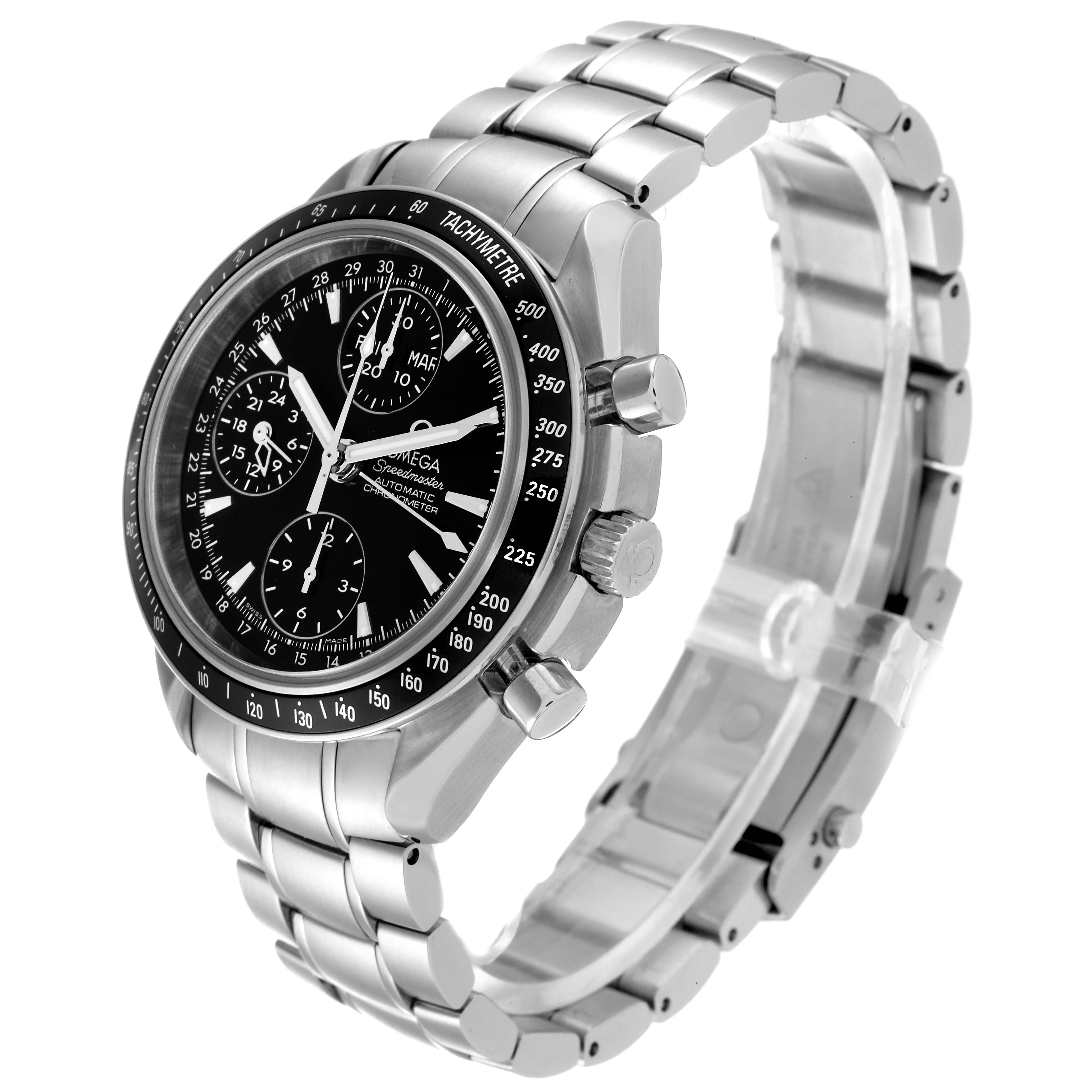 The image shows a side-angle view of an Omega Speedmaster 3220.50.00 Men's Stainless Steel Black Dial 3220.50.00 Men's Stainless Steel Black Dial watch featuring its face, bezel, crown, pushers, and bracelet.