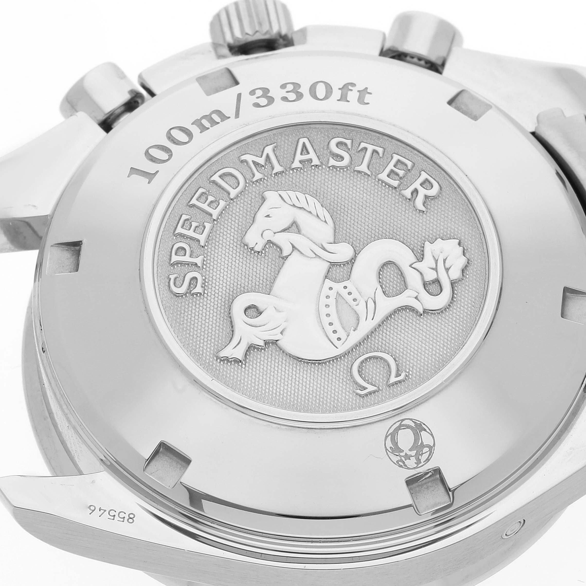 The image shows the back case of an Omega Speedmaster 3220.50.00 Men's Stainless Steel Black Dial 3220.50.00 Men's Stainless Steel Black Dial watch, featuring the Speedmaster logo and water resistance details.