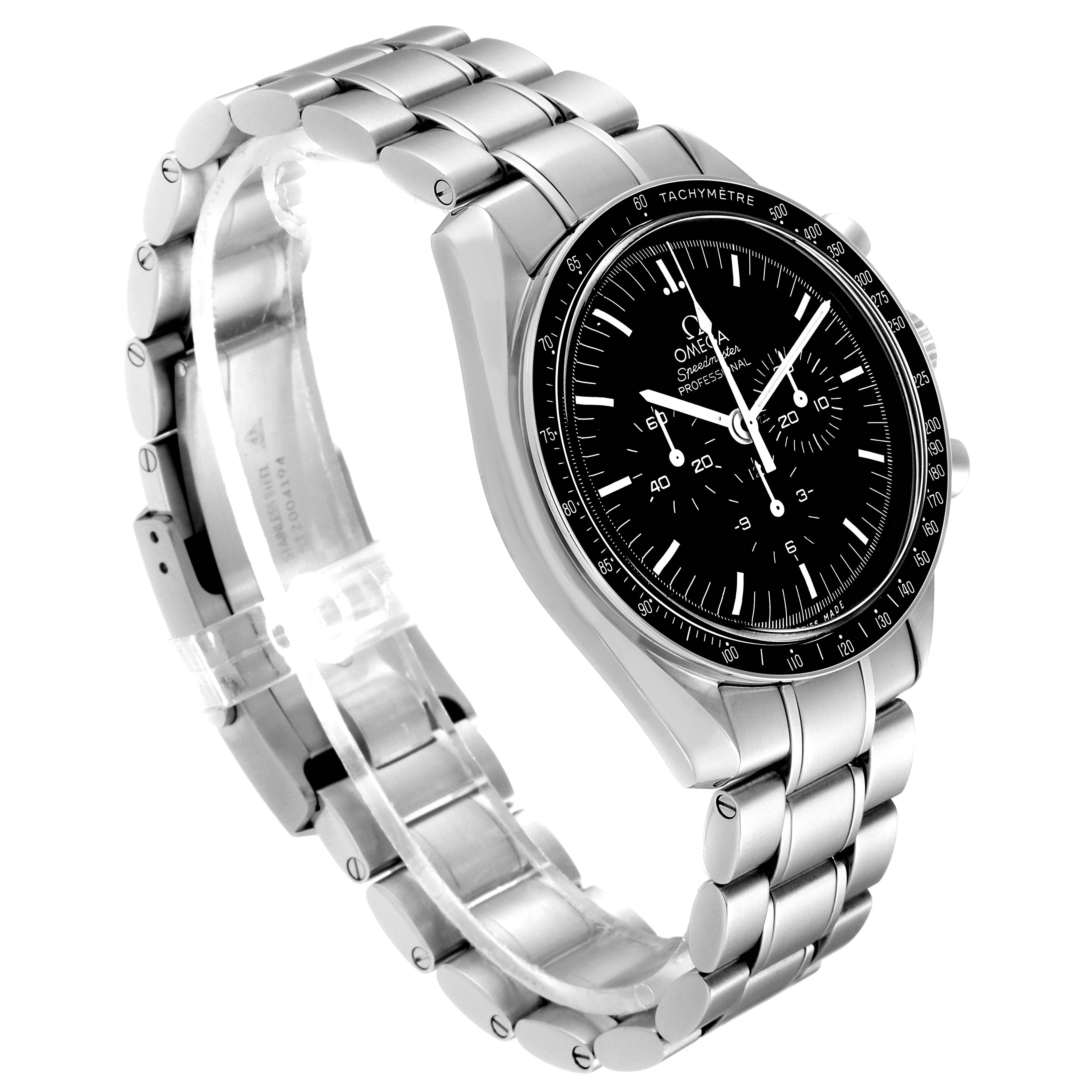 The Omega Speedmaster 311.30.42.30.01.005 Men's Stainless Steel Black Dial 311.30.42.30.01.005 Men's Stainless Steel Black Dial watch is shown at an oblique angle, highlighting its bracelet, black dial, and tachymeter bezel.