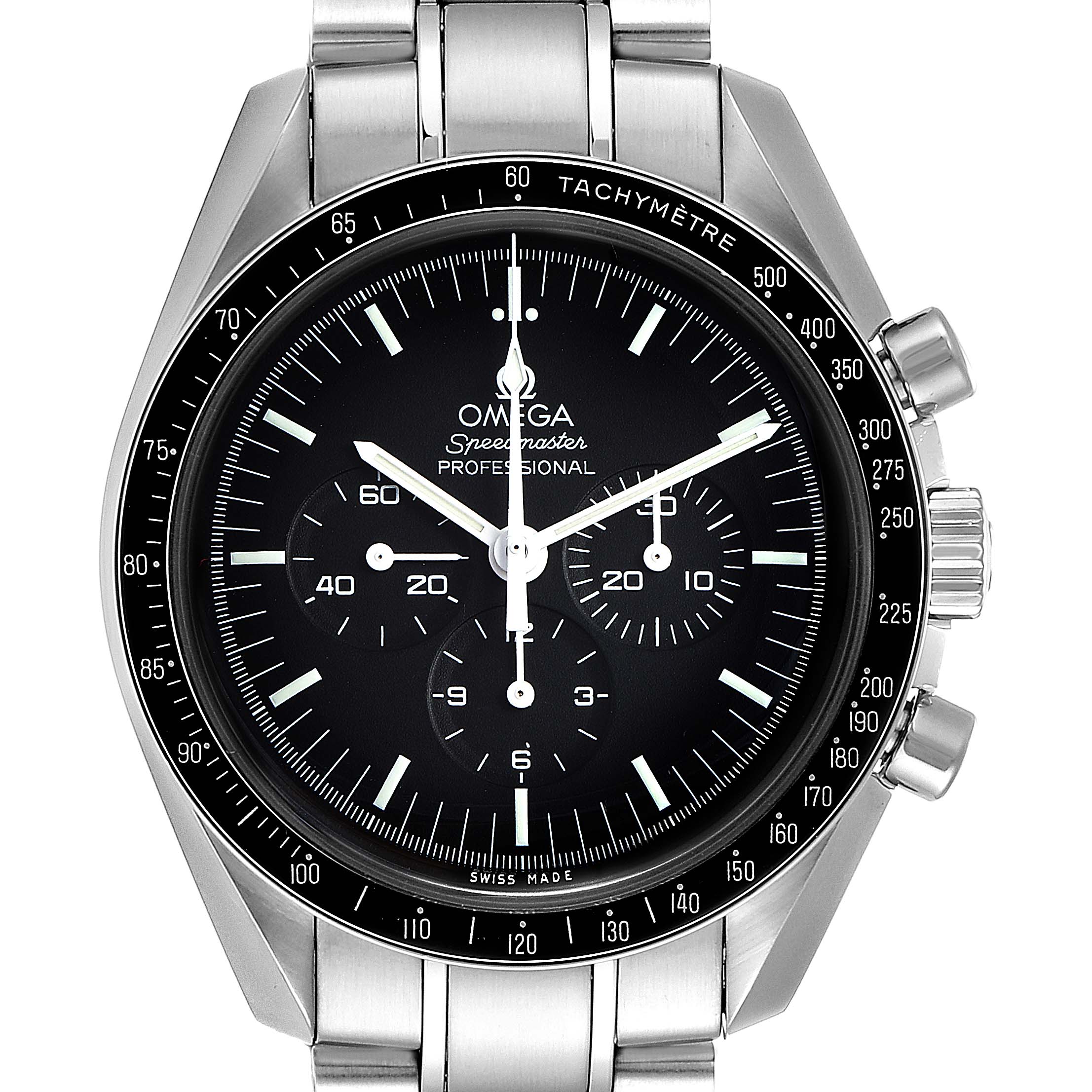 This Omega Speedmaster 311.30.42.30.01.005 Men's Stainless Steel Black Dial 311.30.42.30.01.005 Men's Stainless Steel Black Dial model is shown from the front, highlighting its dial, bezel, subdials, and stainless steel bracelet.