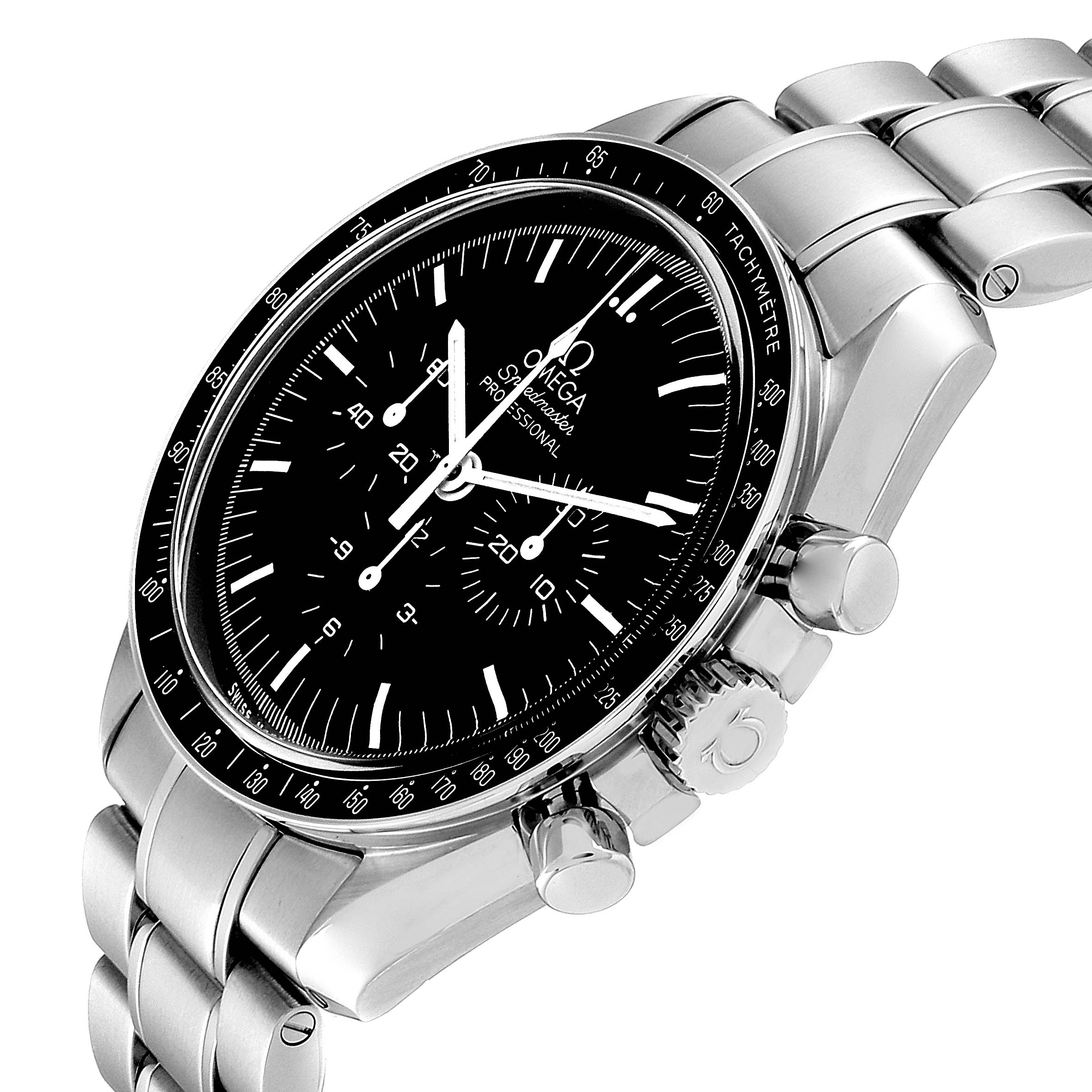 This image shows a close-up side view of the Omega Speedmaster 311.30.42.30.01.005 Men's Stainless Steel Black Dial 311.30.42.30.01.005 Men's Stainless Steel Black Dial watch, highlighting the dial, bezel, and metal bracelet.