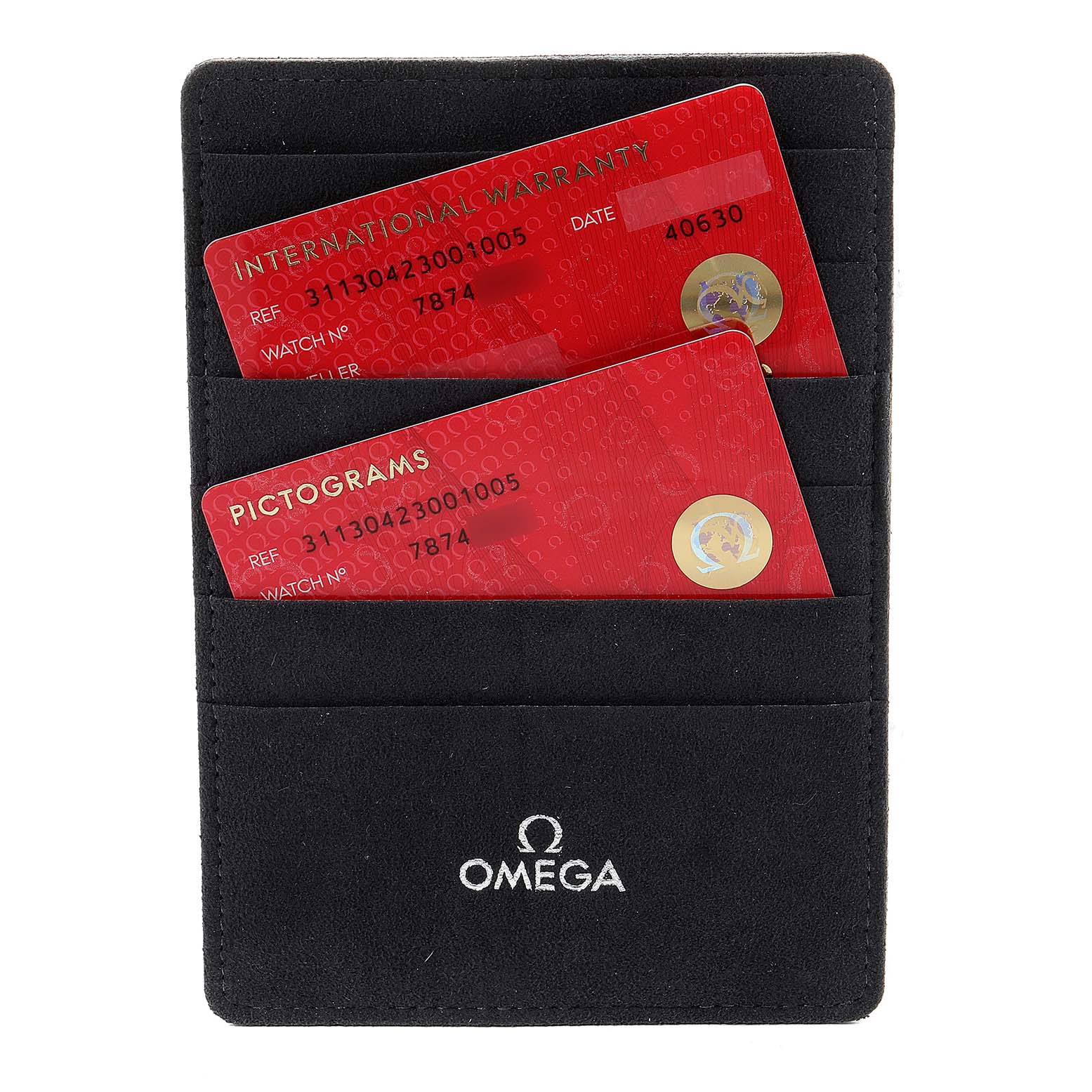 The image shows Omega Speedmaster 311.30.42.30.01.005 Men's Stainless Steel Black Dial 311.30.42.30.01.005 Men's Stainless Steel Black Dial watch accessories: two red cards labeled "International Warranty" and "Pictograms" in a black Omega cardholder.