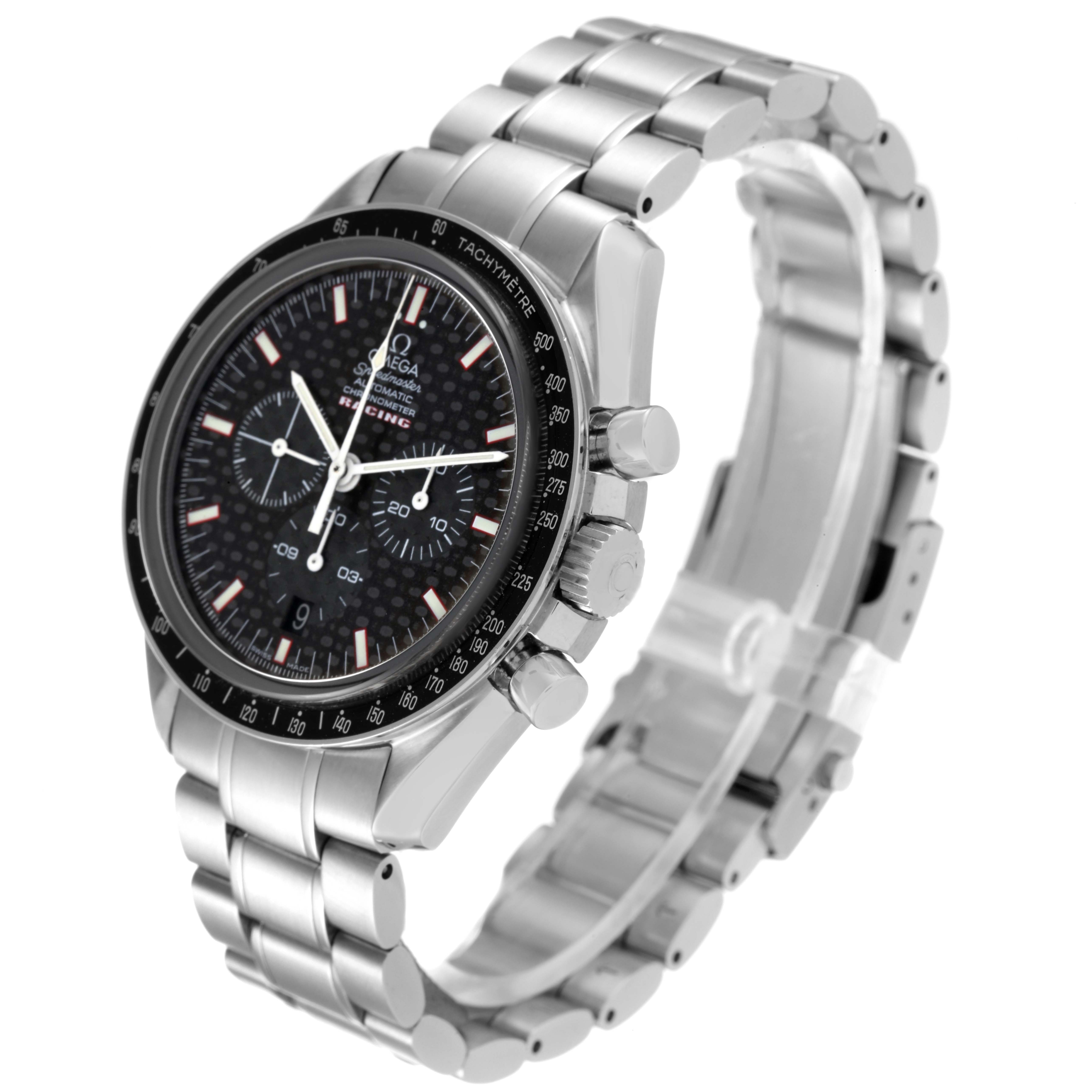 The image shows an Omega Speedmaster 3552.59.00 Men's Stainless Steel Black Dial 3552.59.00 Men's Stainless Steel Black Dial watch angled from the front-left, highlighting the dial, bezel, crown, and bracelet.