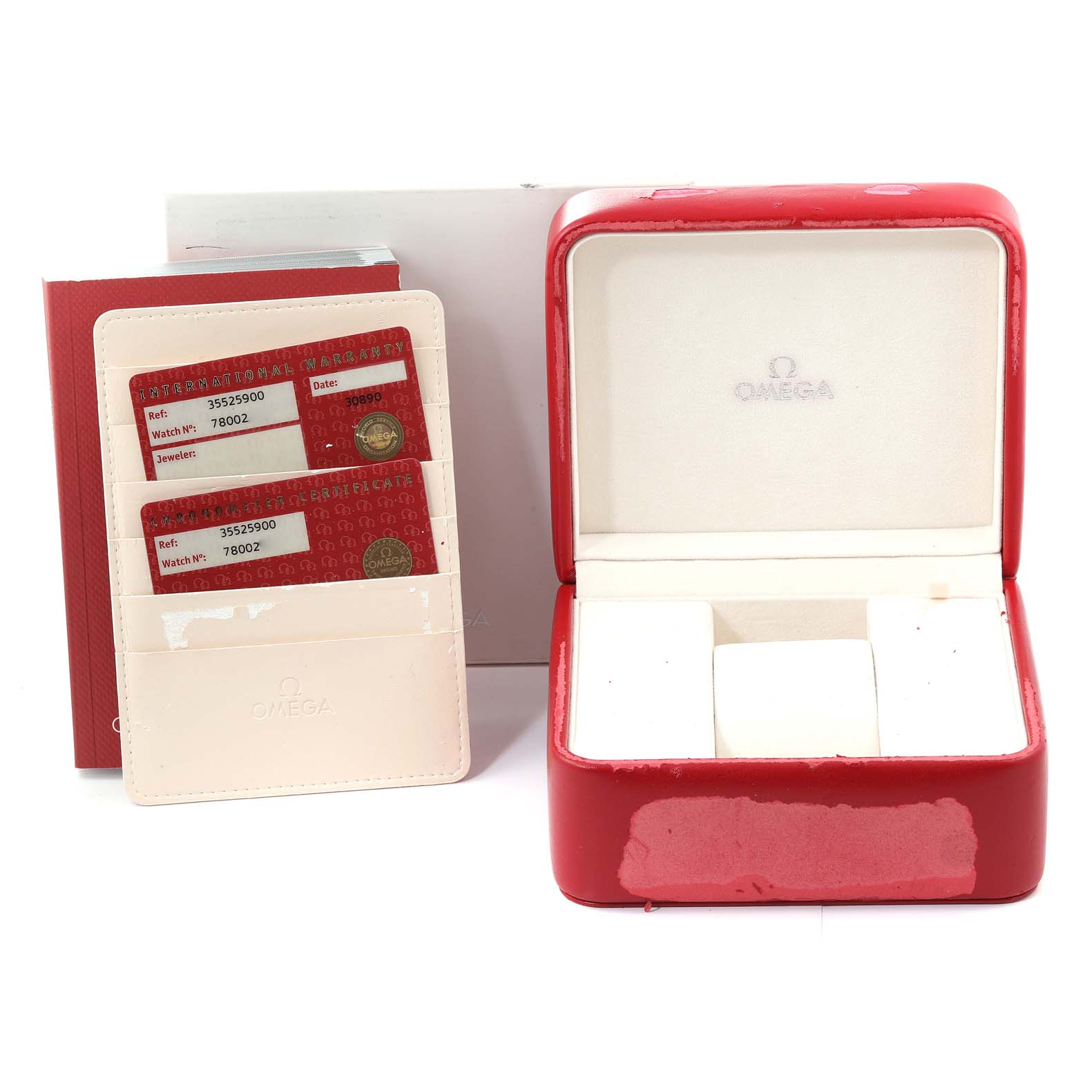 The image shows an Omega Speedmaster 3552.59.00 Men's Stainless Steel Black Dial 3552.59.00 Men's Stainless Steel Black Dial watch box, cards in a cardholder, and a red protective case.