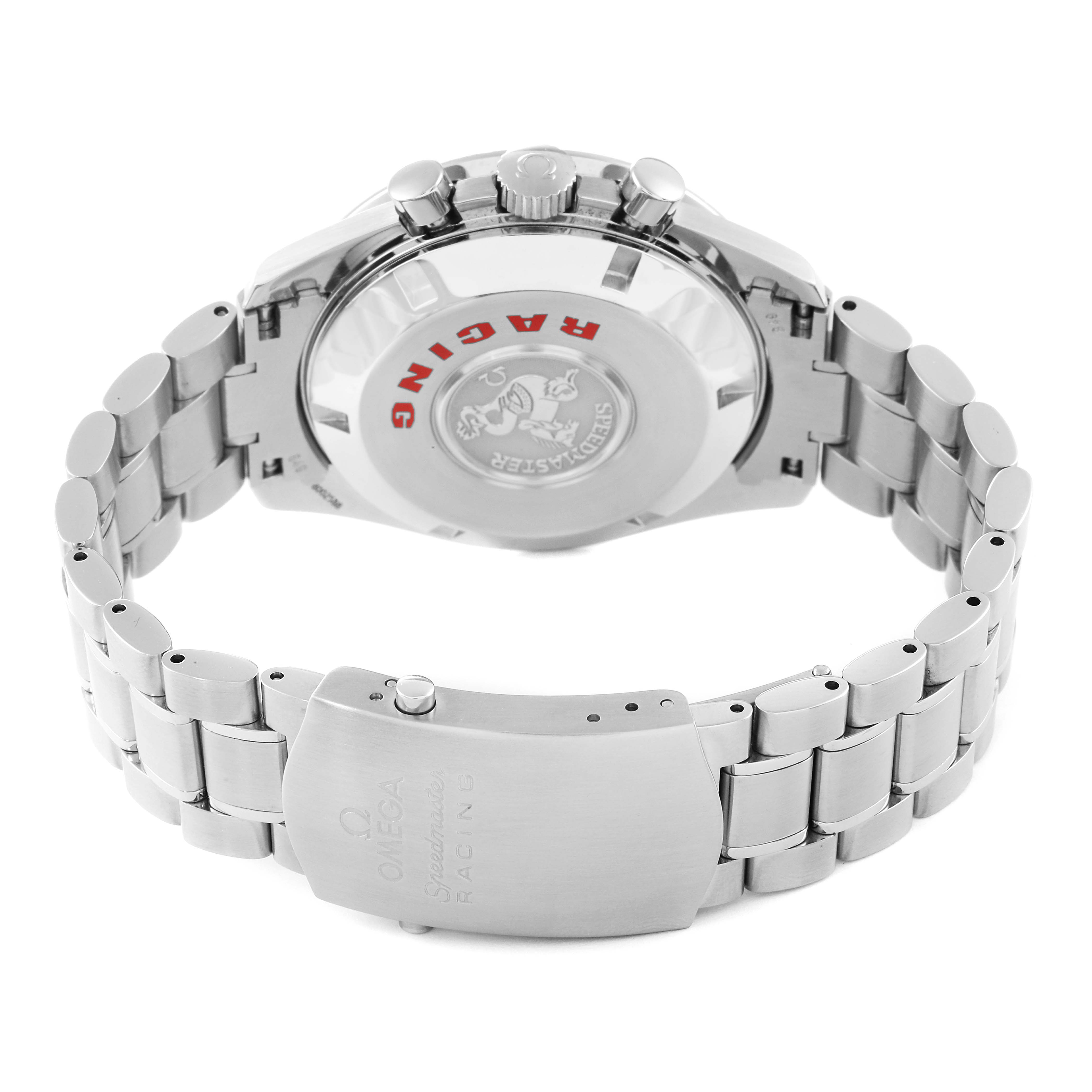 The image shows the back view of the Omega Speedmaster 3552.59.00 Men's Stainless Steel Black Dial 3552.59.00 Men's Stainless Steel Black Dial Racing watch, highlighting the case back, bracelet, and clasp.