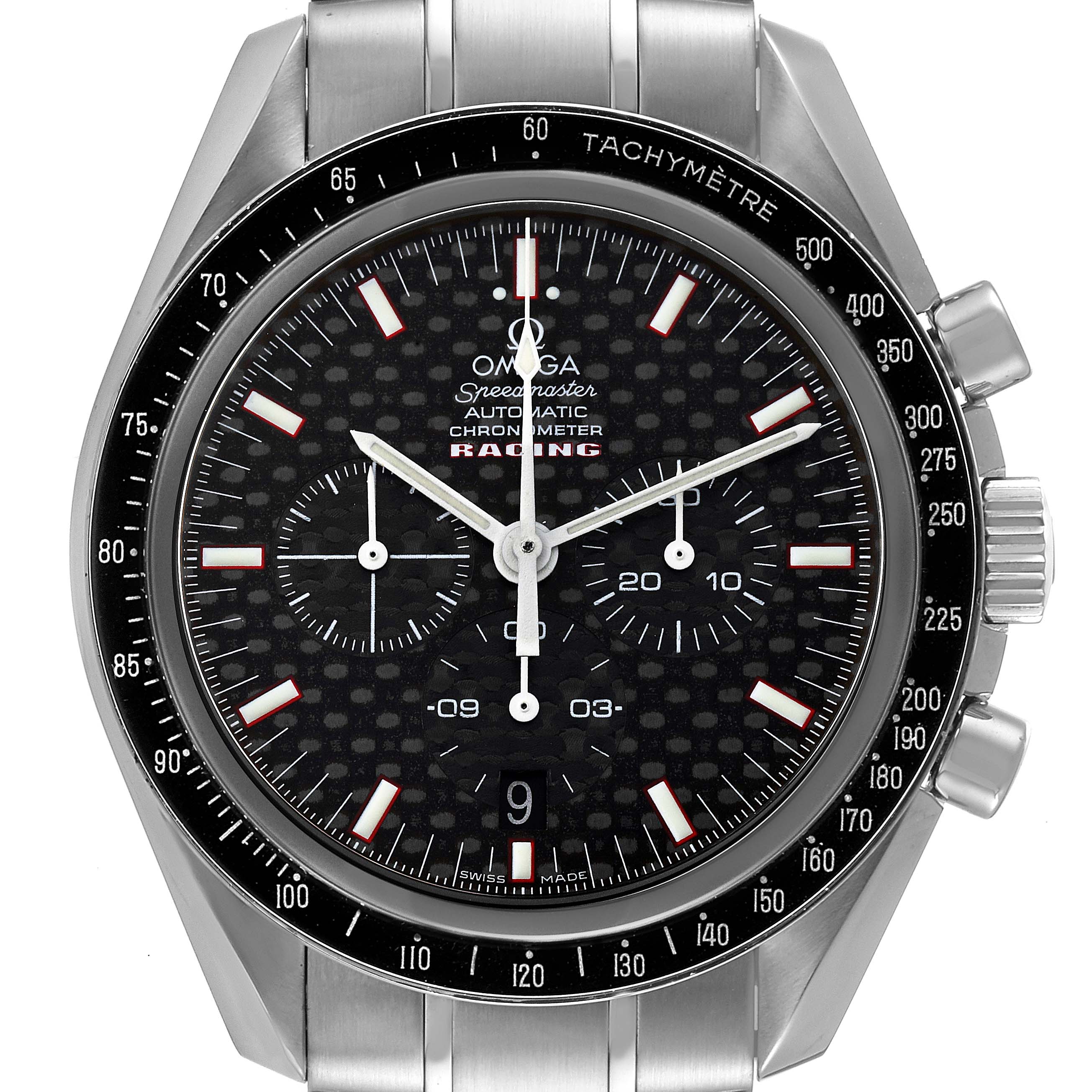 This image shows a front view of the Omega Speedmaster 3552.59.00 Men's Stainless Steel Black Dial 3552.59.00 Men's Stainless Steel Black Dial watch, highlighting its dial, bezel, and subdials.