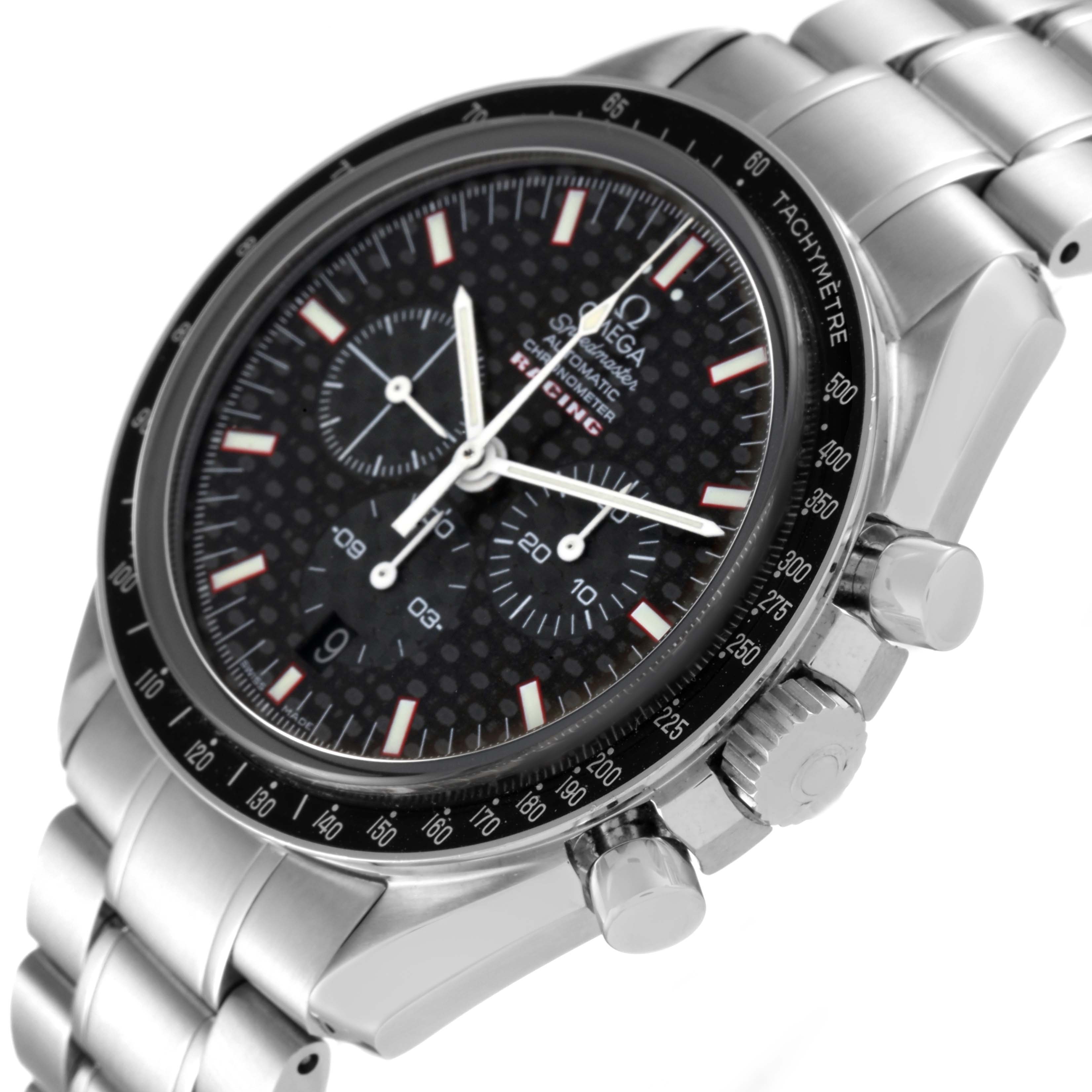 This Omega Speedmaster 3552.59.00 Men's Stainless Steel Black Dial 3552.59.00 Men's Stainless Steel Black Dial watch is shown at an angle highlighting its face, bezel, crown, pushers, and bracelet.