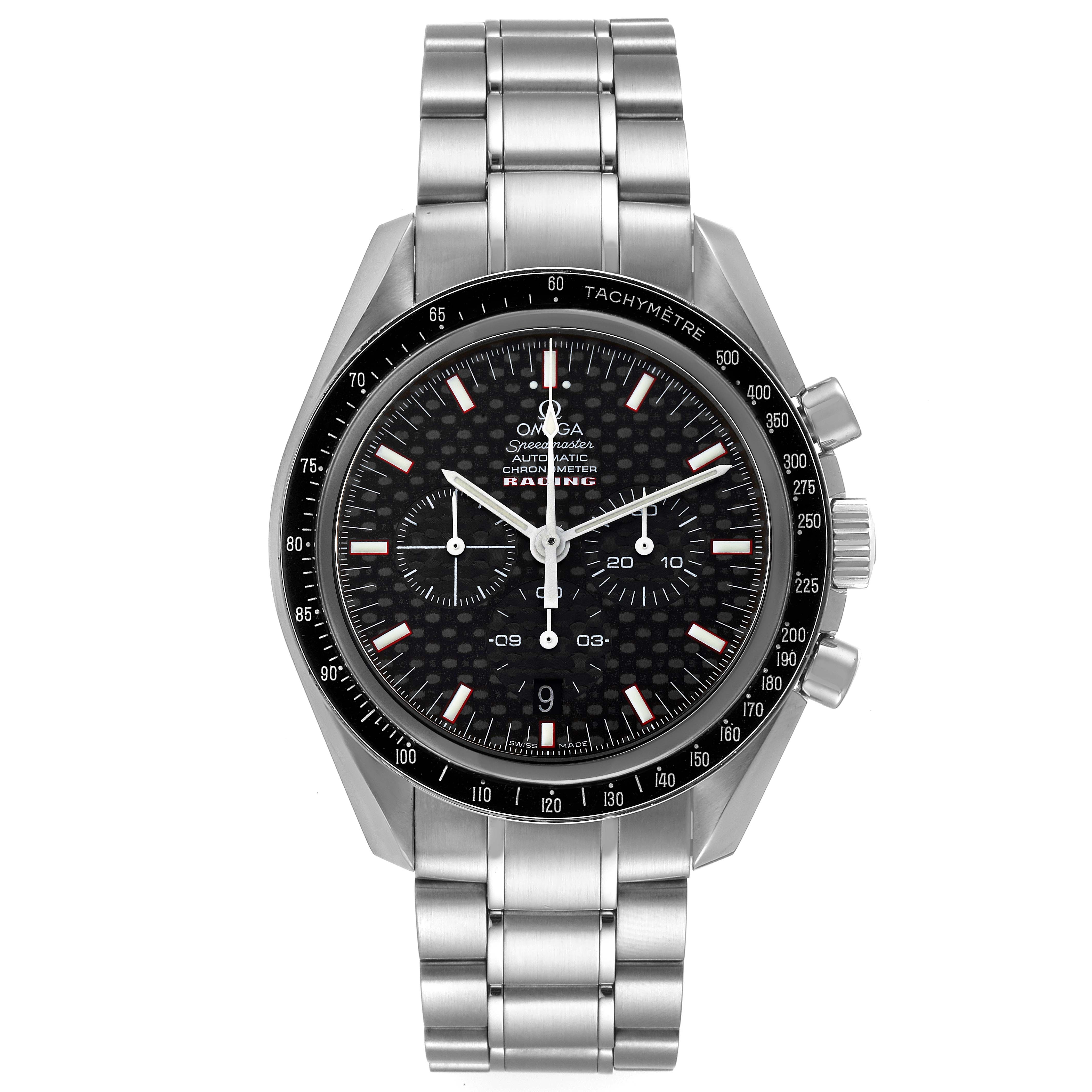 The image shows an Omega Speedmaster 3552.59.00 Men's Stainless Steel Black Dial 3552.59.00 Men's Stainless Steel Black Dial watch, front view, highlighting the face, bezel, chronograph, and bracelet.