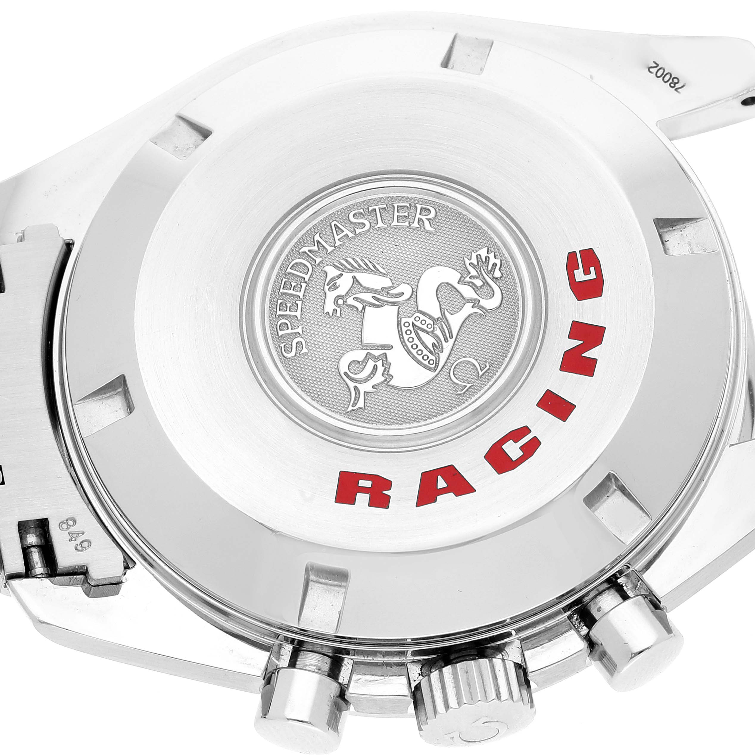 The image shows the case back of the Omega Speedmaster 3552.59.00 Men's Stainless Steel Black Dial 3552.59.00 Men's Stainless Steel Black Dial Racing watch at an angle, highlighting the text and logo.