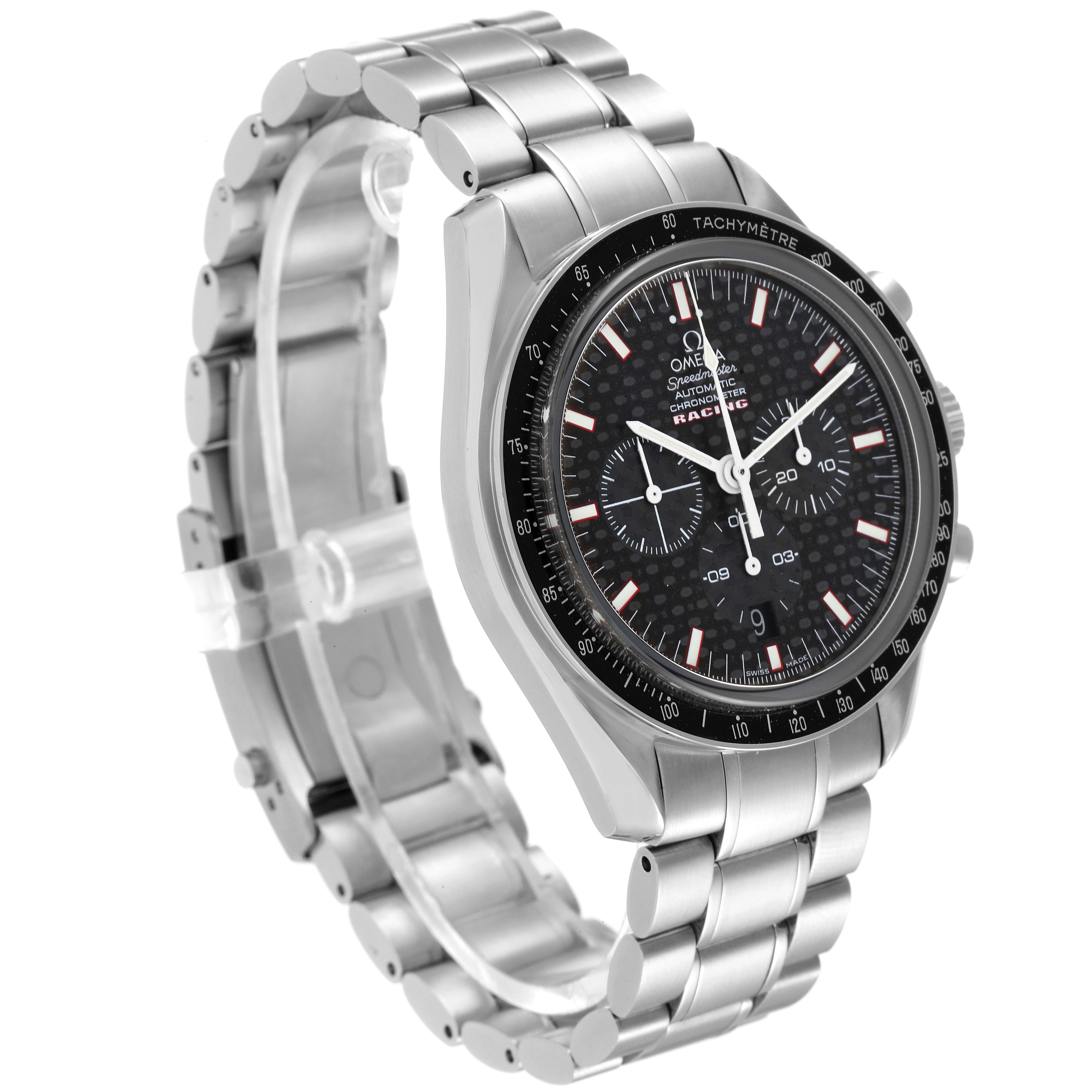The image shows an Omega Speedmaster 3552.59.00 Men's Stainless Steel Black Dial 3552.59.00 Men's Stainless Steel Black Dial watch at a three-quarter angle, displaying the bracelet, bezel, dial, and chronograph subdials.