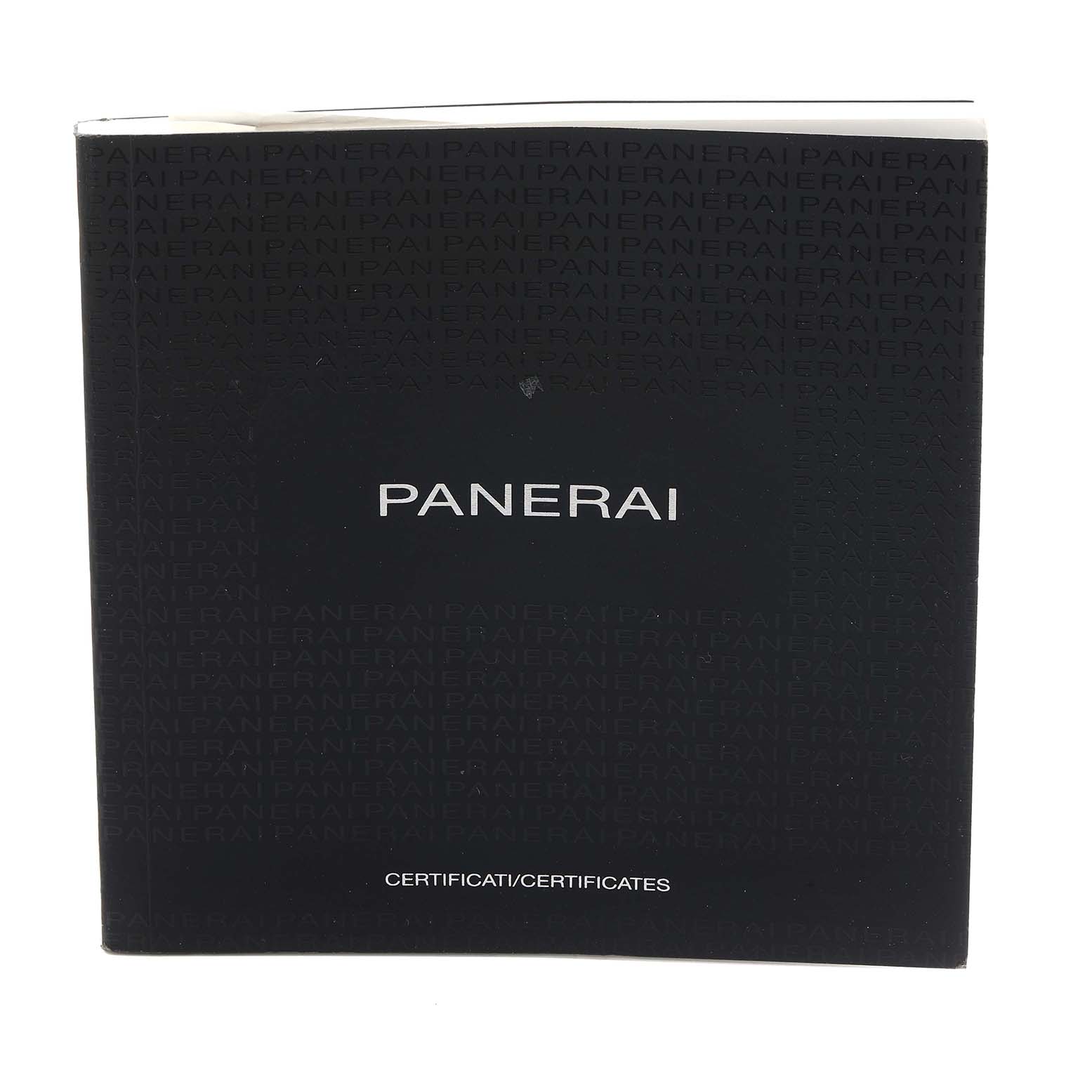 The image shows a Panerai Luminor PAM00908 Men's Rose Gold Black Dial certificate booklet from a frontal angle.