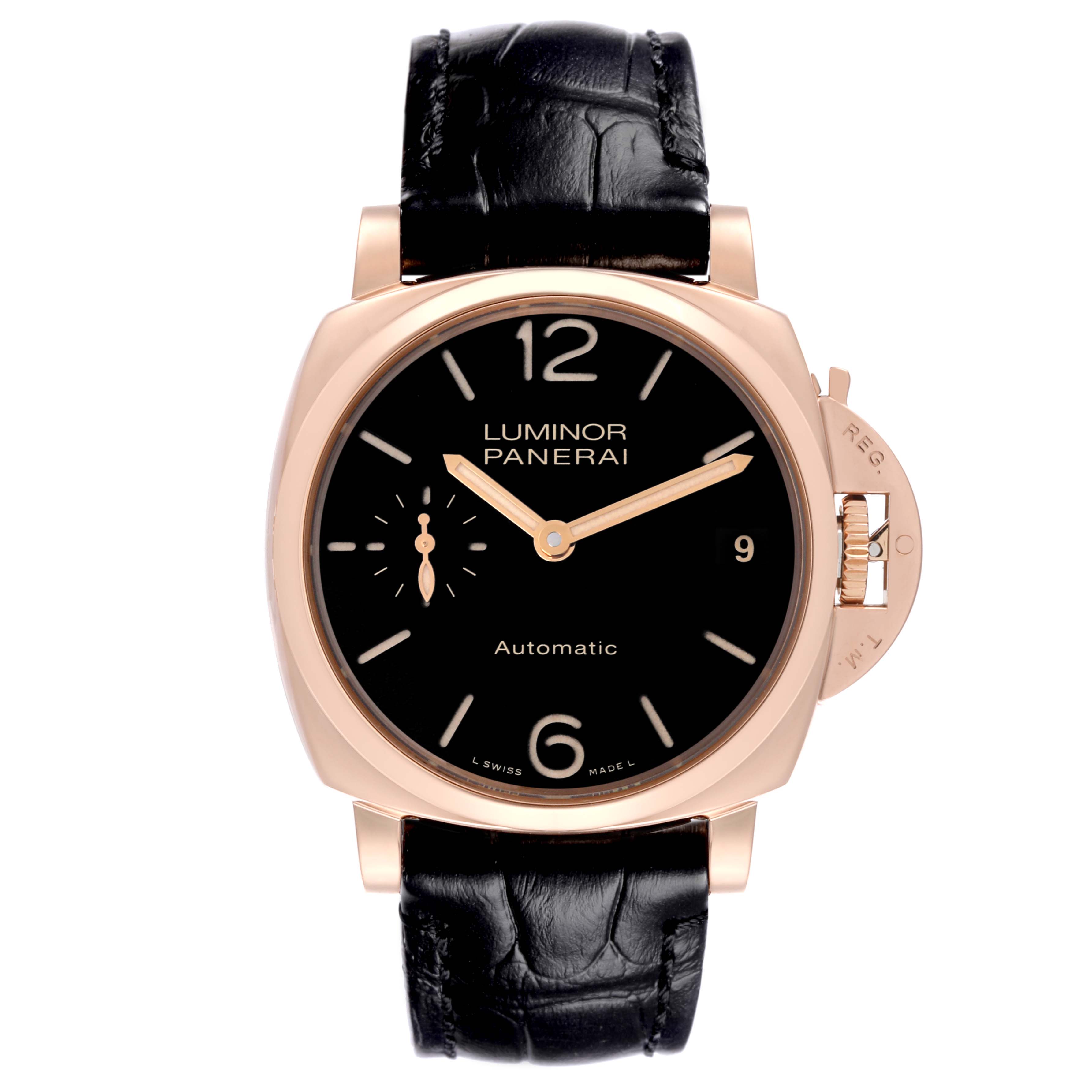 The Panerai Luminor PAM00908 Men's Rose Gold Black Dial watch is shown from the front, highlighting its black dial, gold hands, and leather strap.